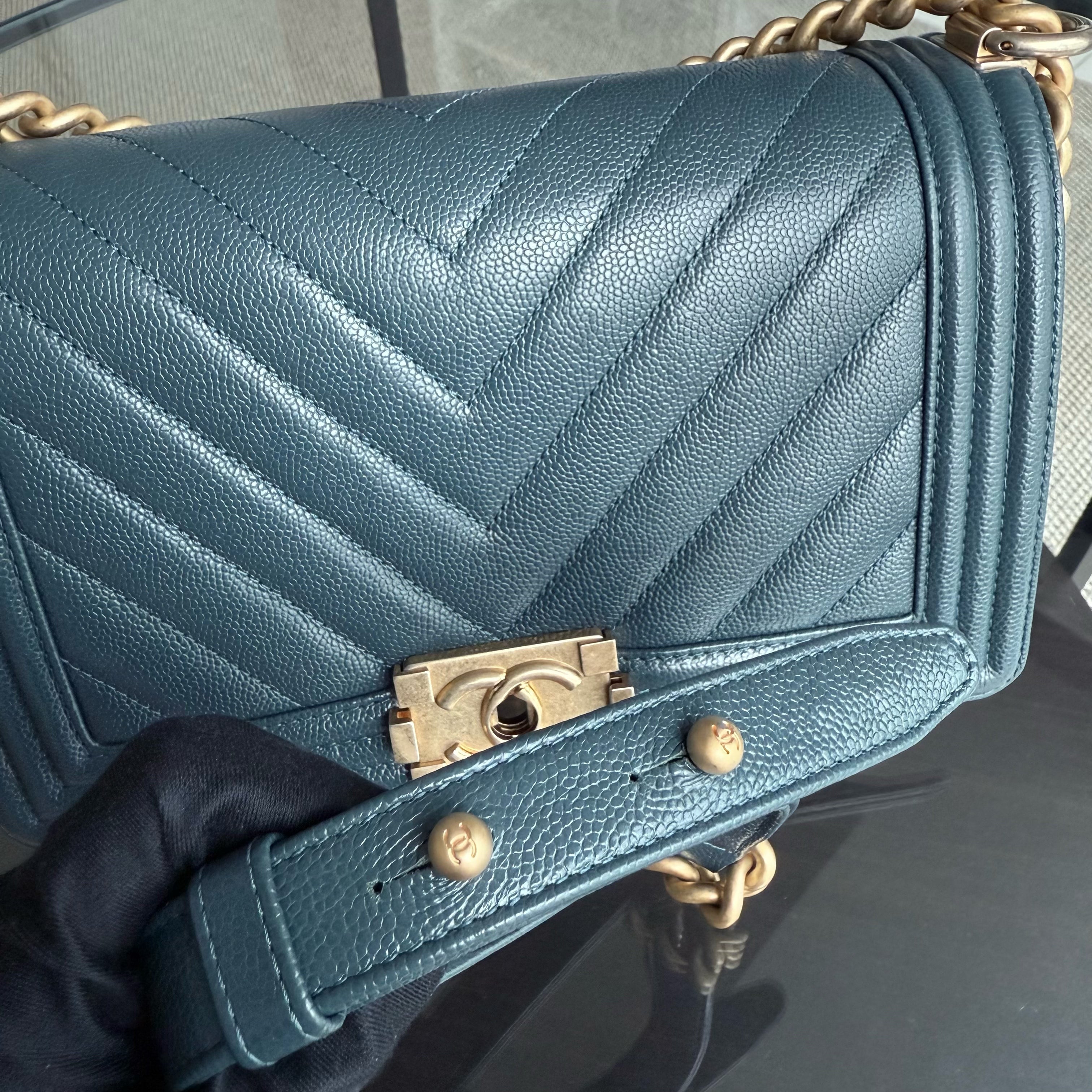 Chanel Boy Medium - Caviar 25CM Chevron Grained Calfskin Blue Gold Hardware Series 25