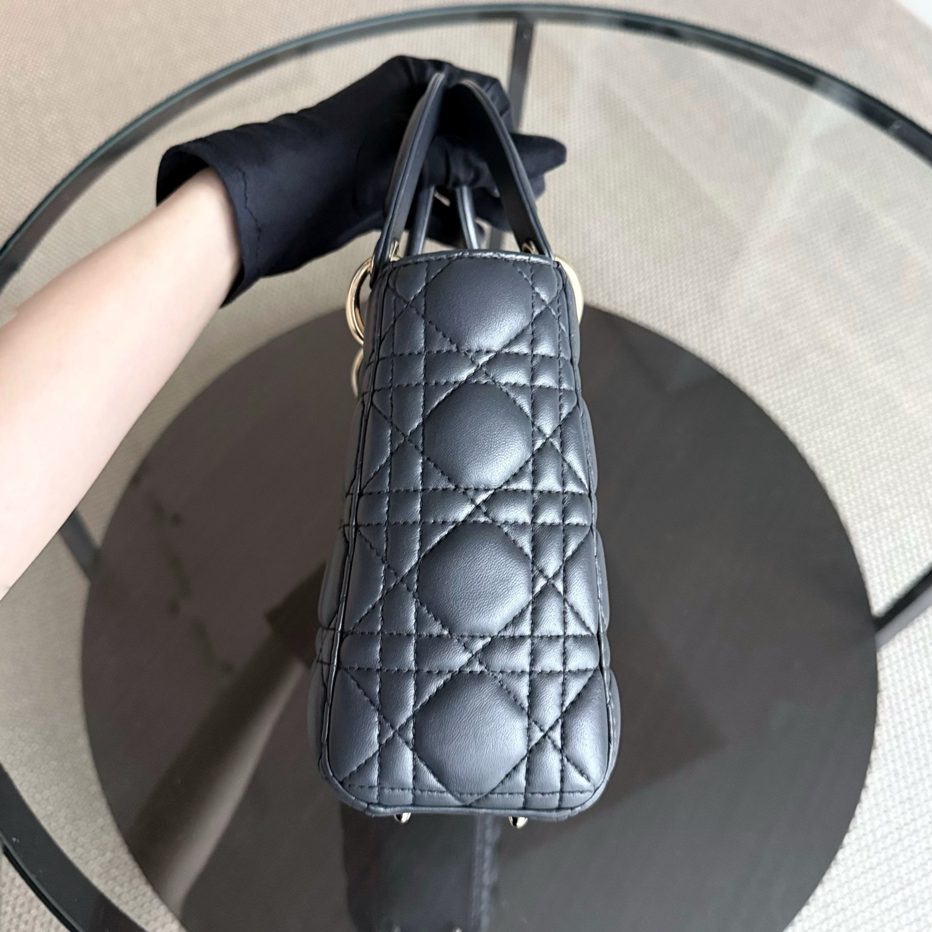 Dior Lady Small - Cannage Lambskin Dark Grey Gray Charcoal Gold Hardware
