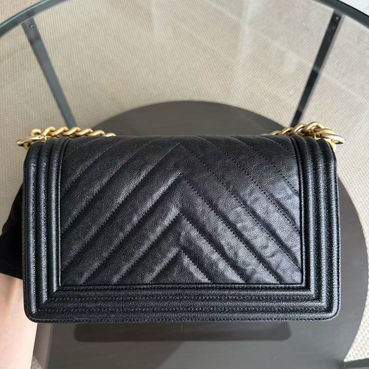 Chanel Boy Medium - Caviar 25CM Chevron Black Gold Hardware Series 26
