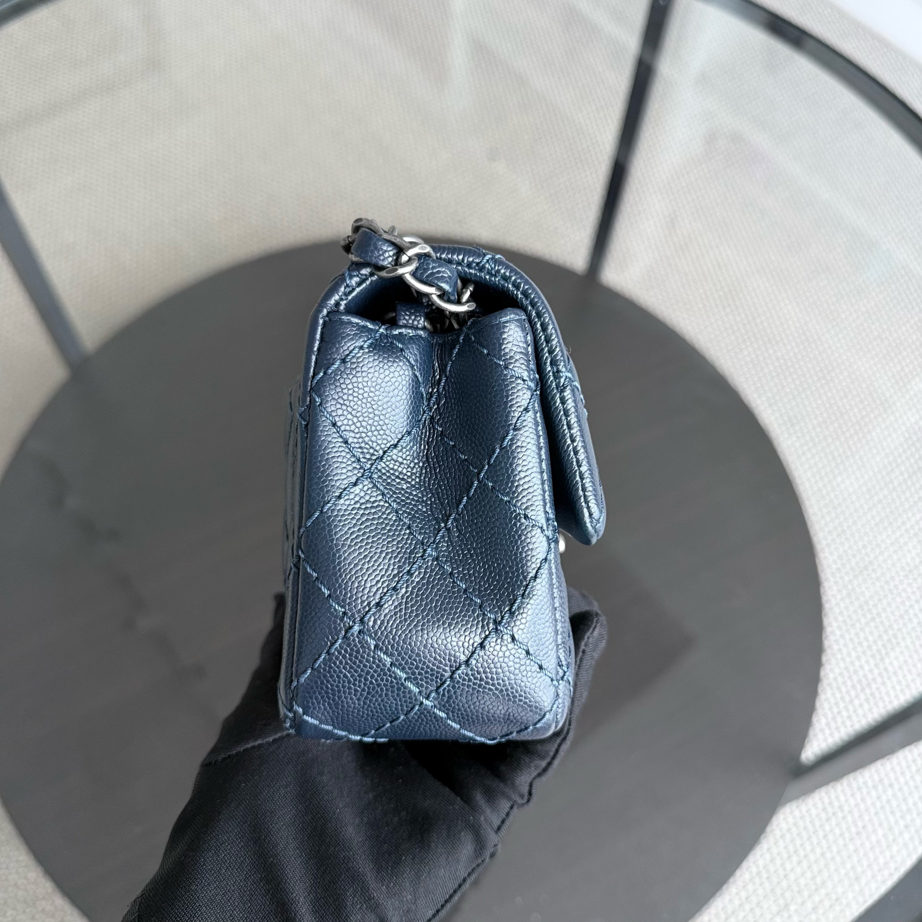 Chanel Classic Flap Mini Rectangle - Caviar 20CM Quilted Dark Blue Ruthenium Silver Hardware Series 23