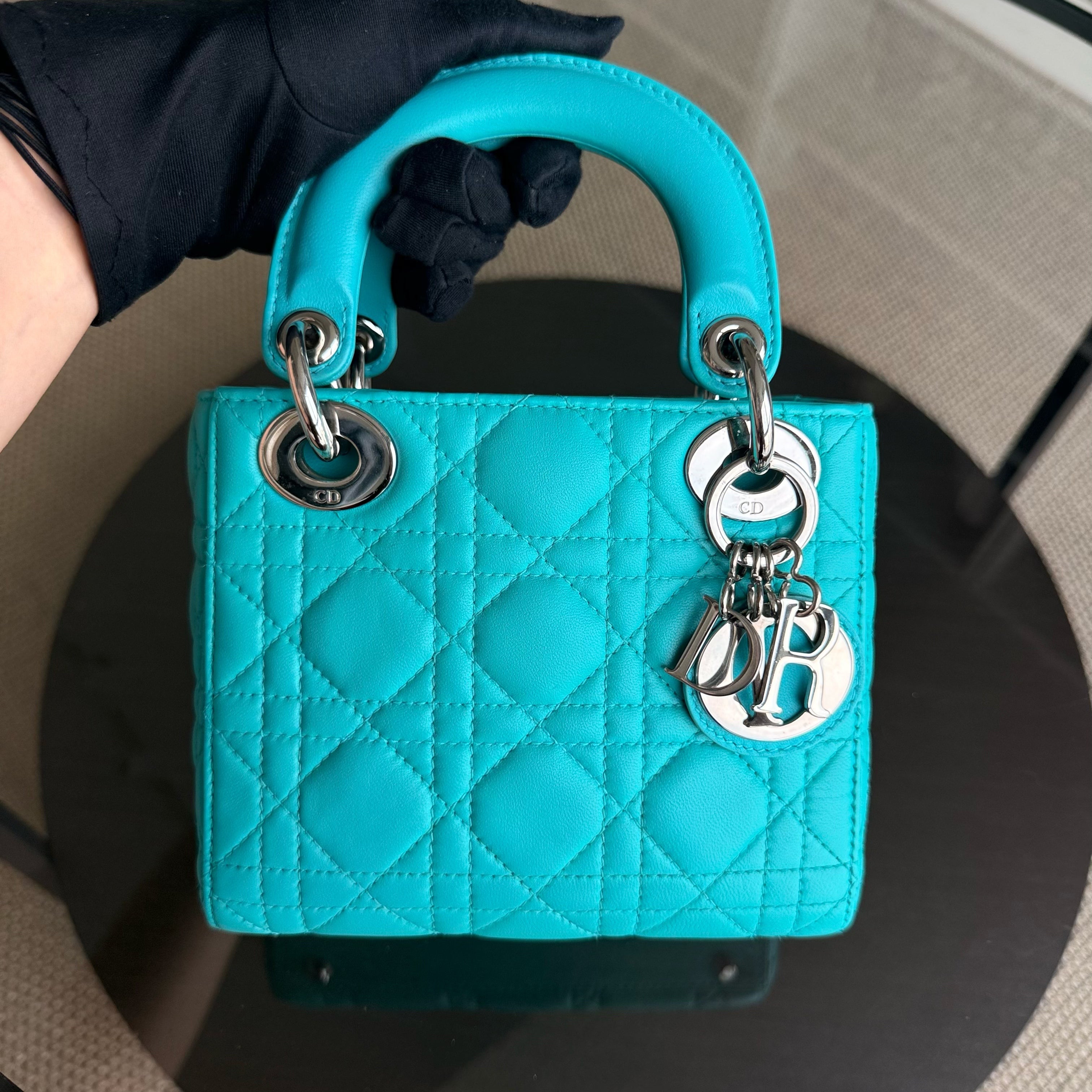Dior Lady Mini - Cannage Lambskin Cyan Blue Silver Hardware Adjustable Strap