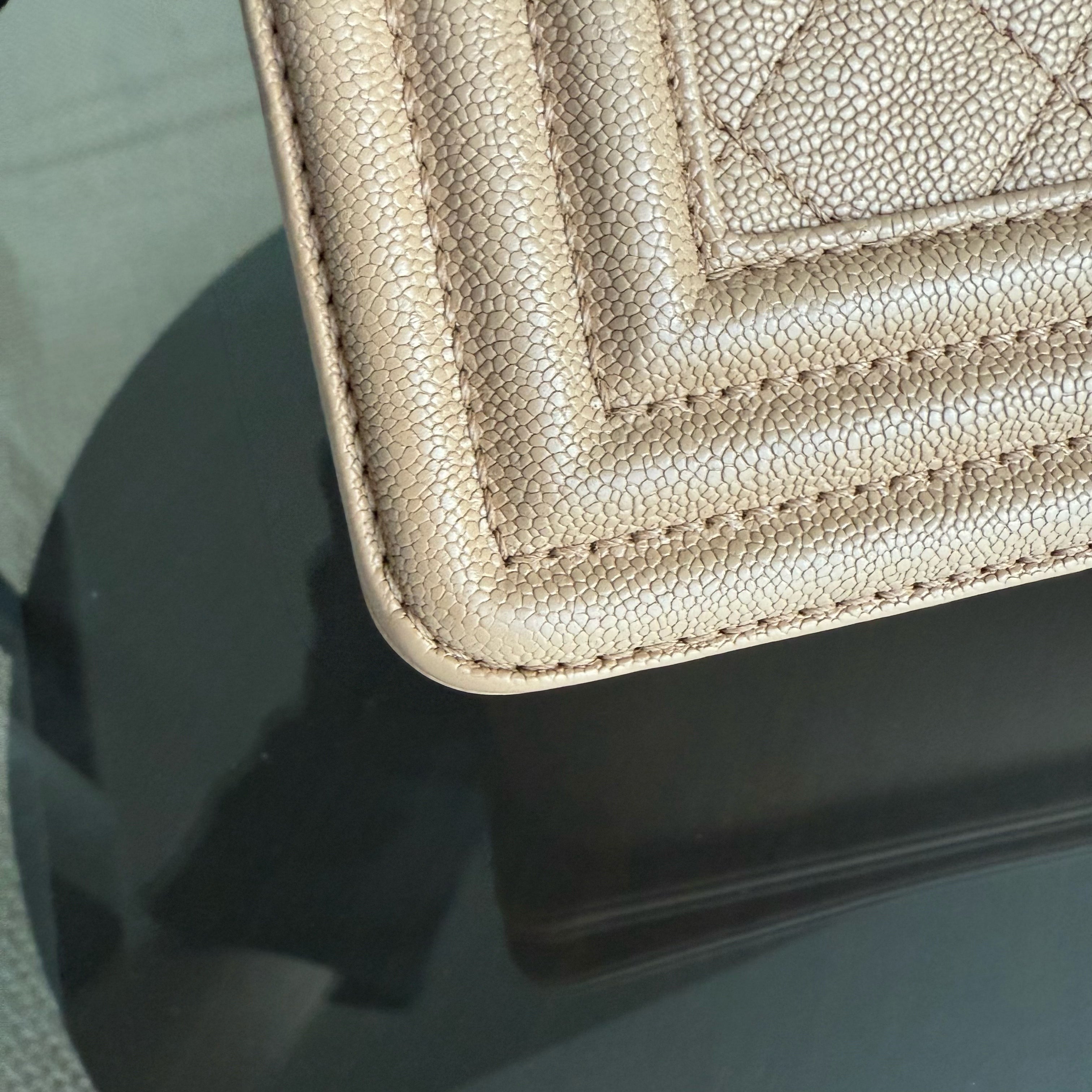 Chanel Boy New Medium - Caviar 28CM Quilted Beige Grained Calfskin Gold Hardware Series 28
