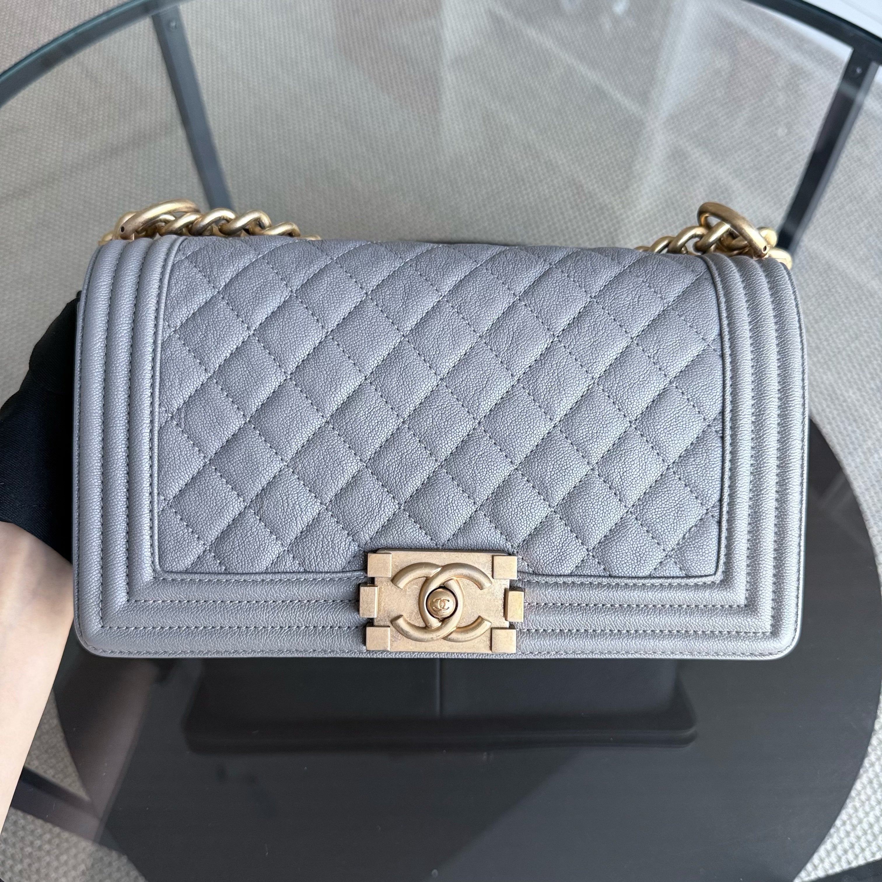 Chanel Boy Medium - Caviar 25CM Quilted Light Grey Gray Gold Hardware Series 26