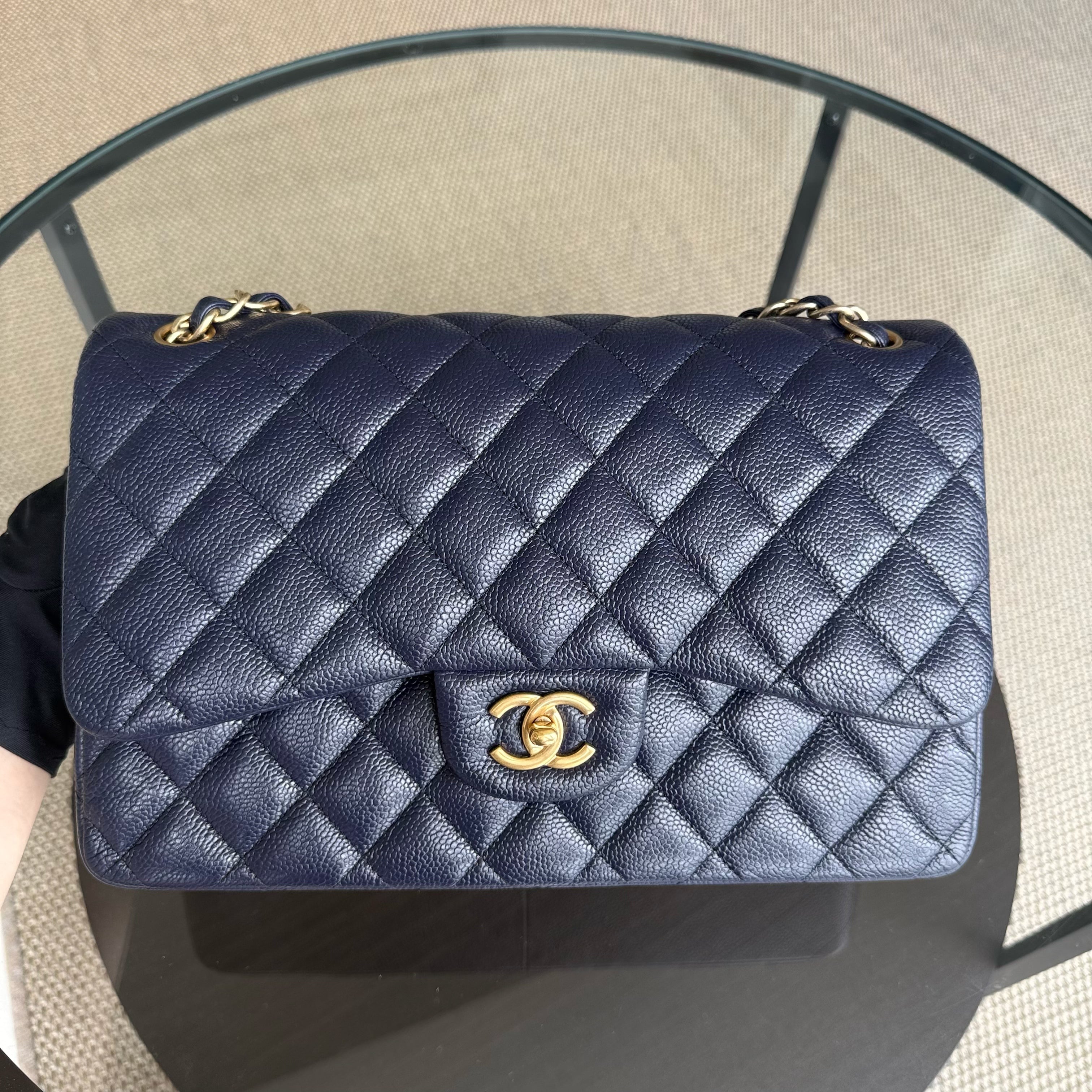 Chanel Classic Flap Jumbo - Caviar Double Flap 30CM Quilted Dark Blue Gold Hardware Series 21