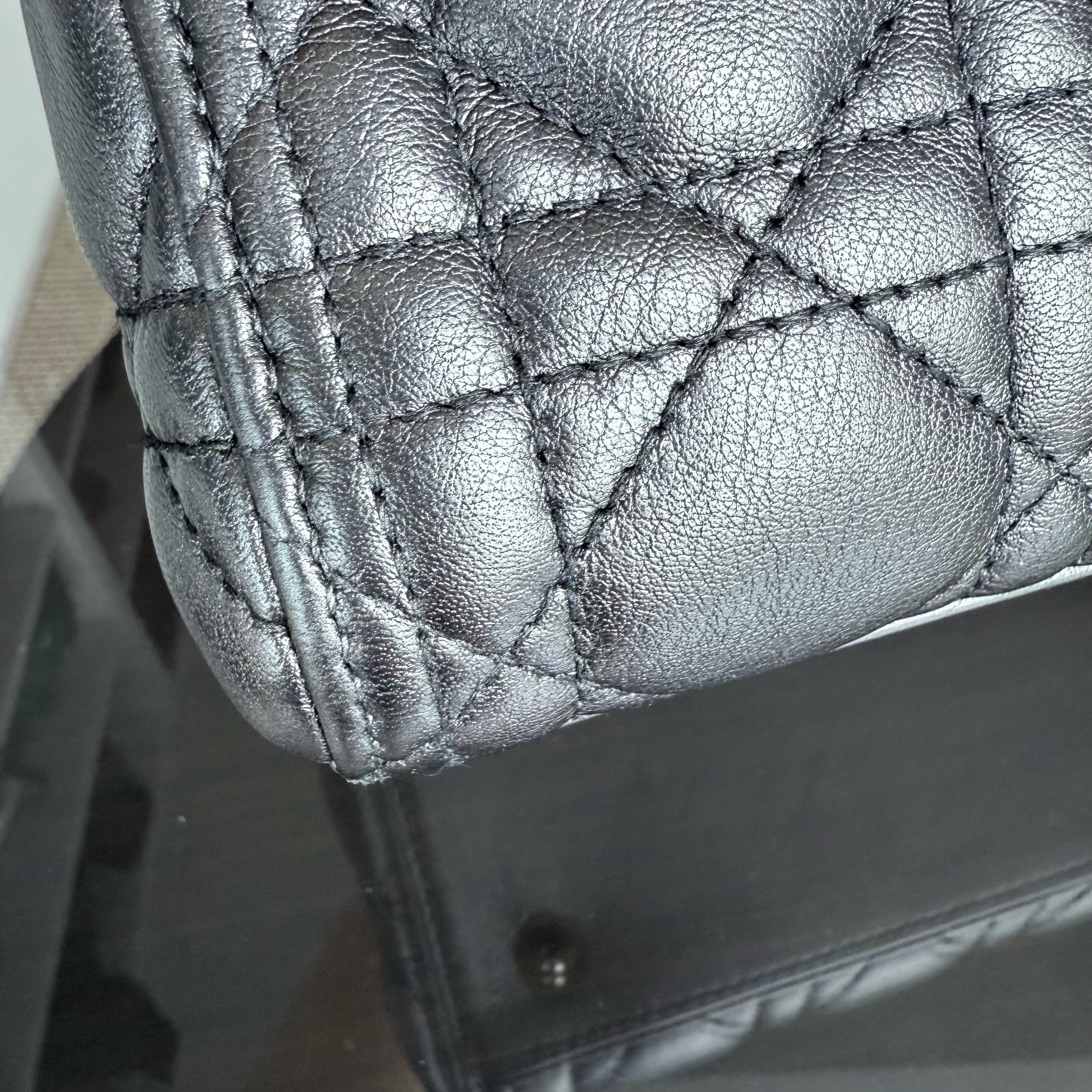 Dior Lady Medium - Cannage Calfskin Metallic Silver Gunmetal Gold Hardware Adjustable Strap