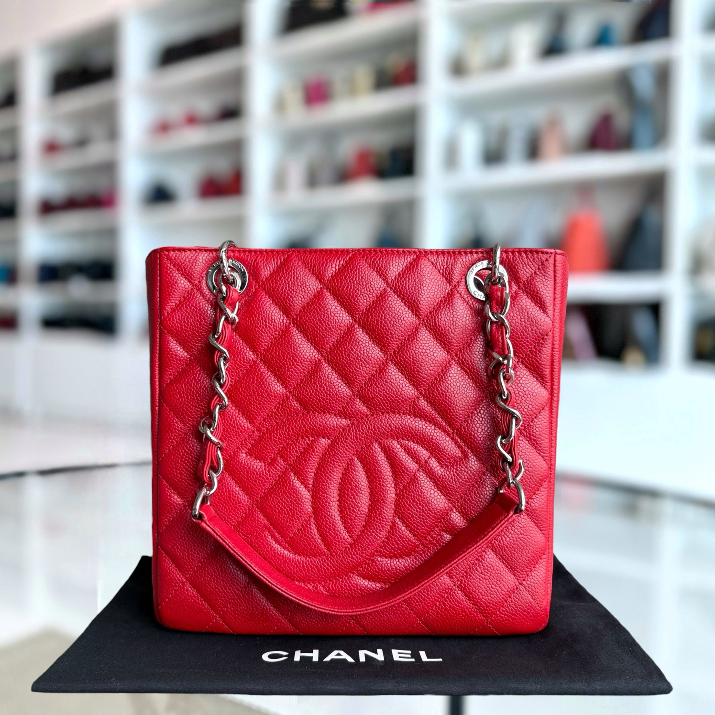Chanel PST Petite Shopping Tote - Caviar Quilted Red Silver Hardware Series 18