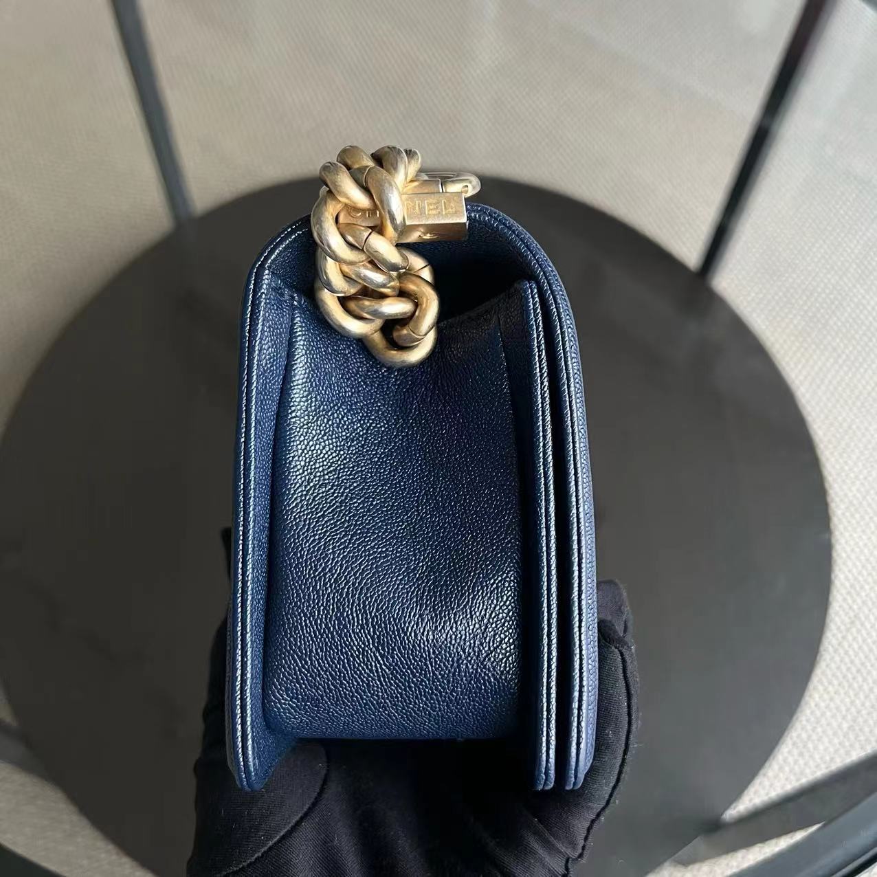 Chanel Boy Small - Caviar Quilted Grained Calfskin Dark Blue Golden Hardware Series 26