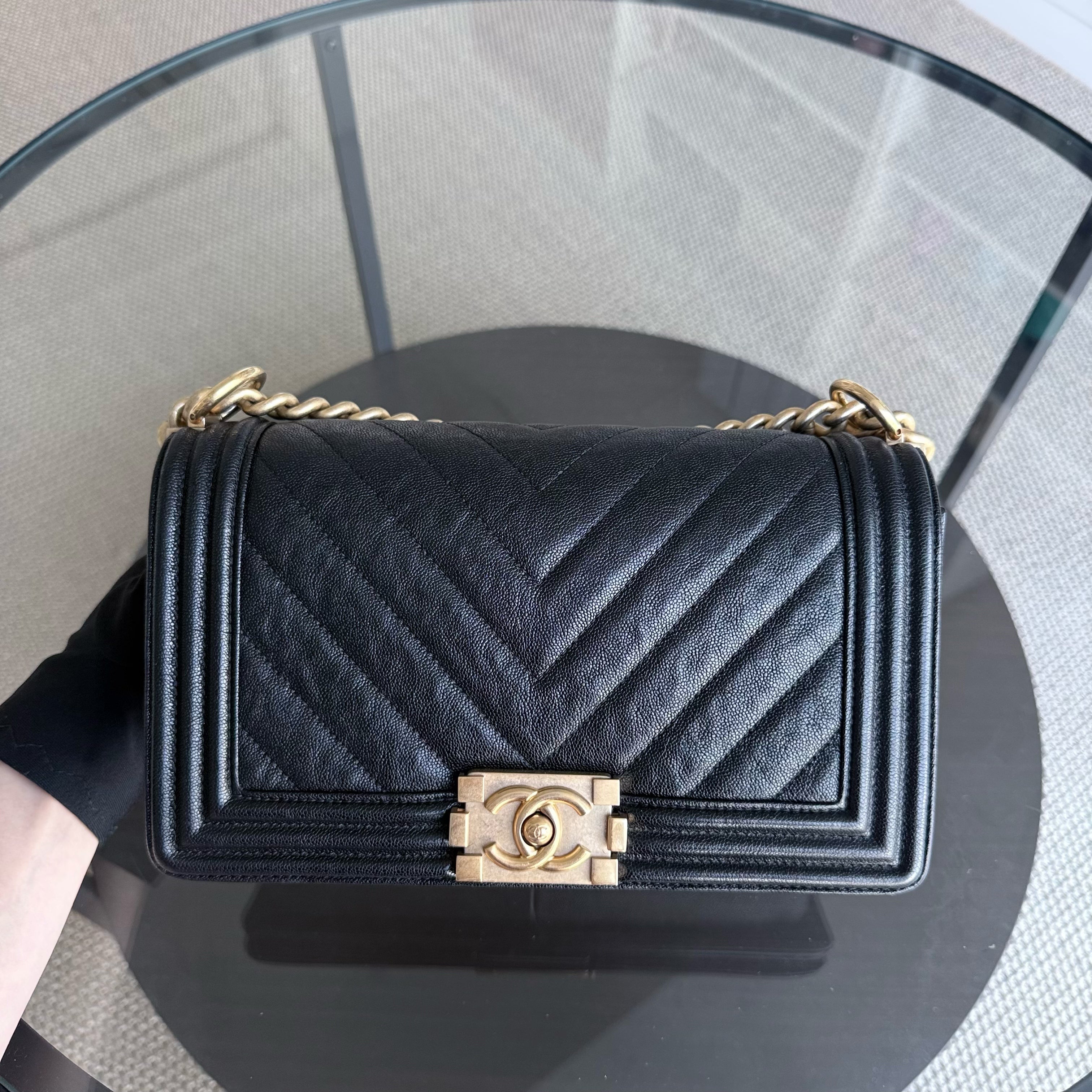 Chanel Boy Medium - Caviar 25CM Chevron Black Gold Hardware Series 26