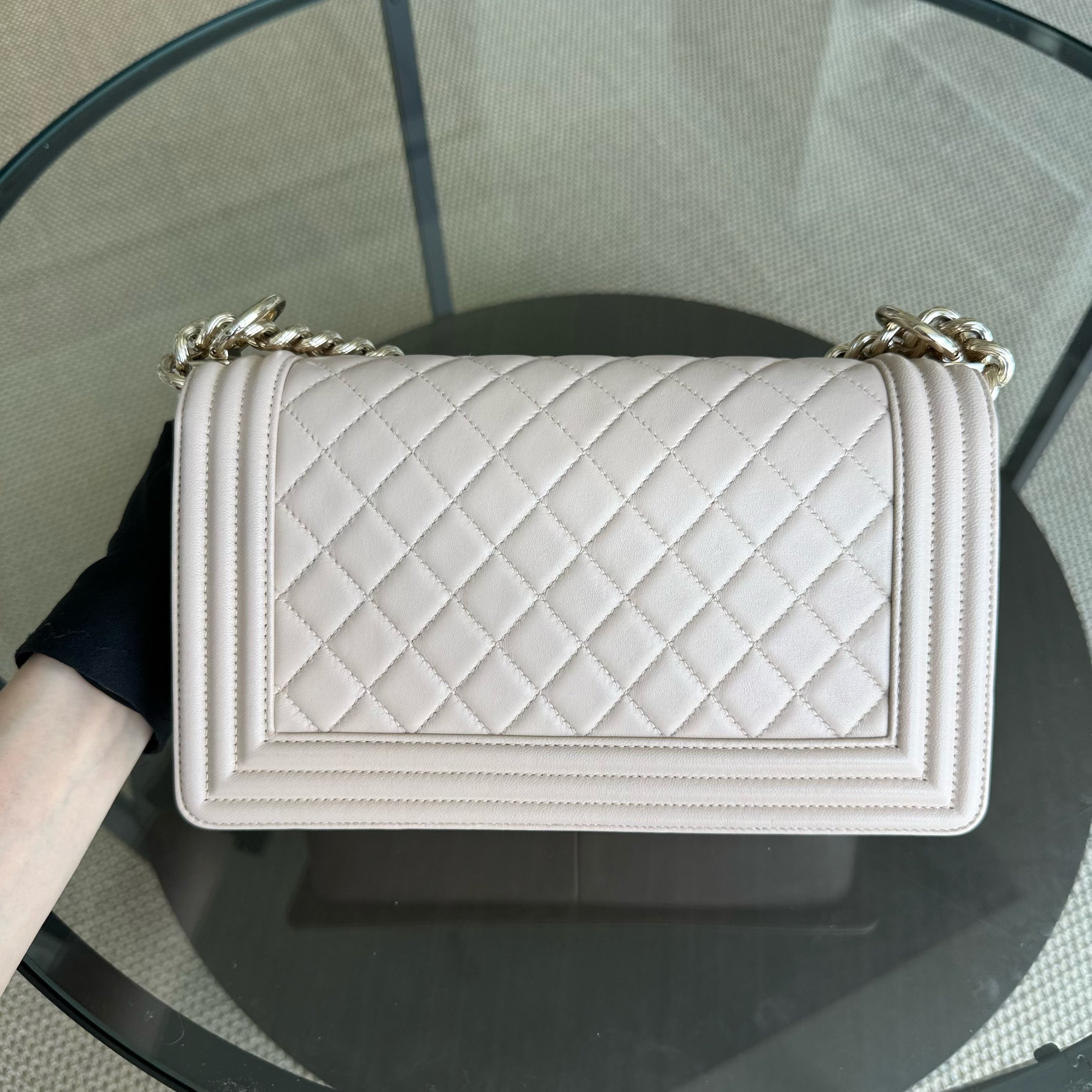 Chanel Boy Medium - 25CM Quilted Lambskin Light Nude Pink Gold Hardware Series 23