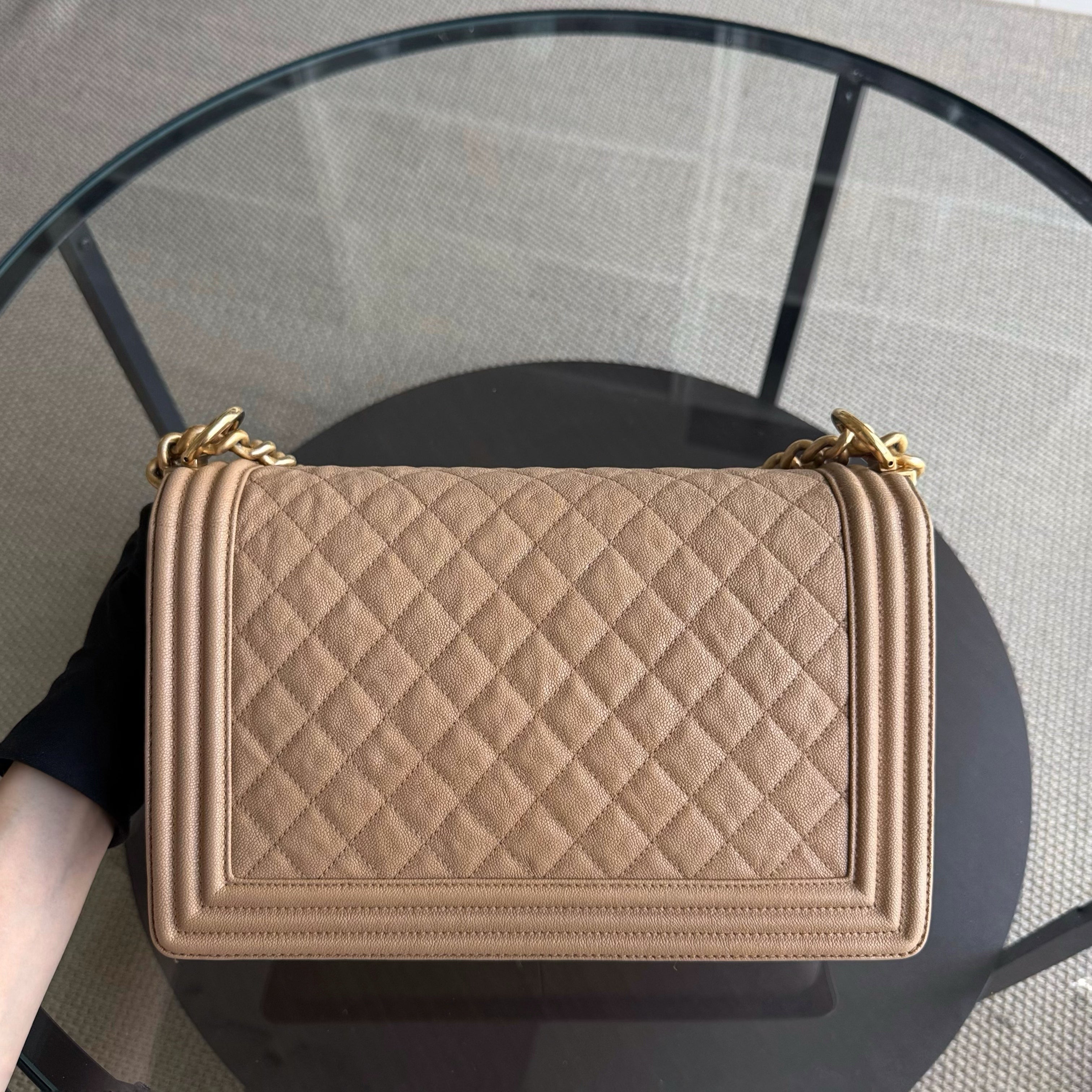 Chanel Boy New Medium - Caviar 28CM Quilted Beige Grained Calfskin Gold Hardware Series 28