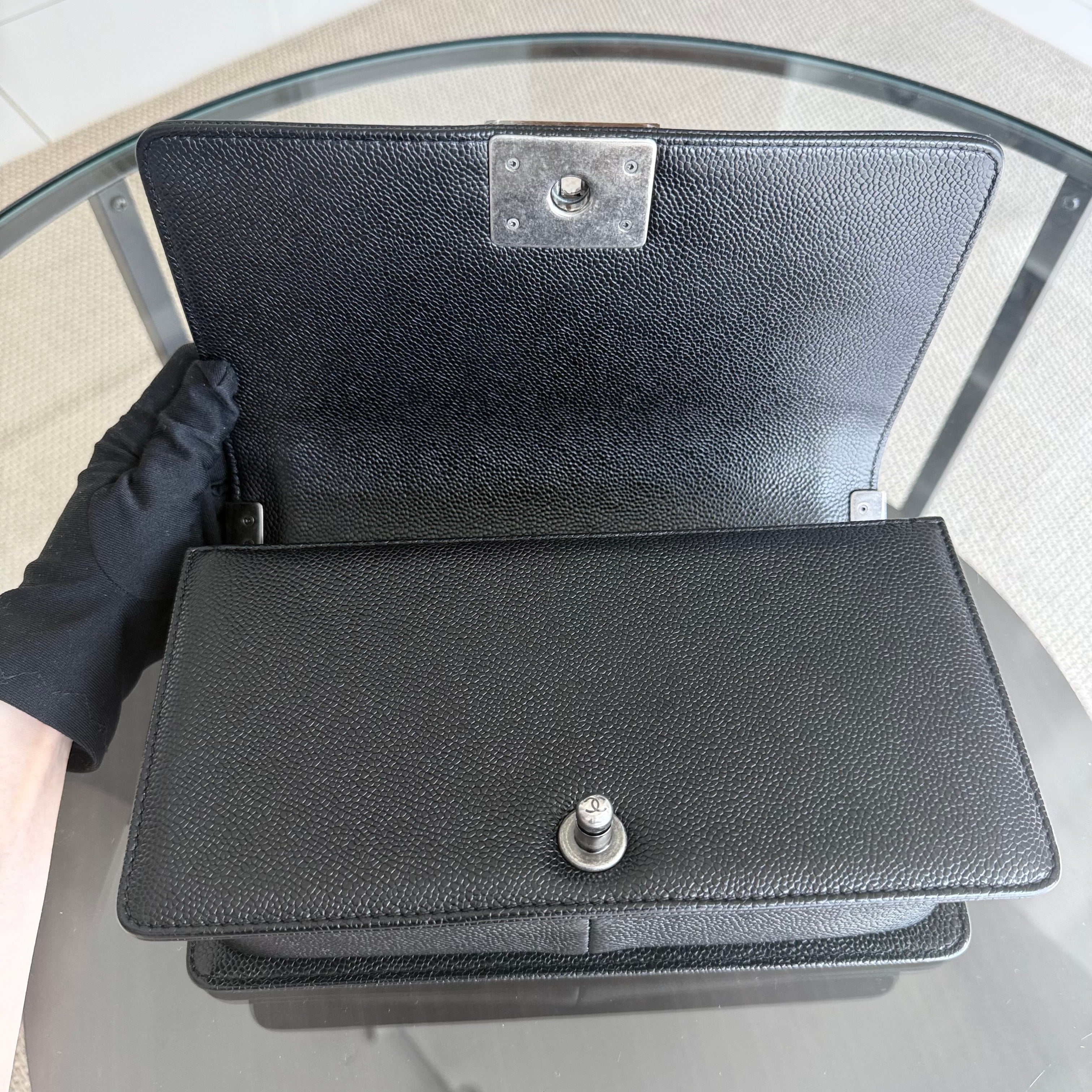 Chanel Boy Medium - Caviar 25CM Quilted Black Ruthenium Silver Hardware Series 20