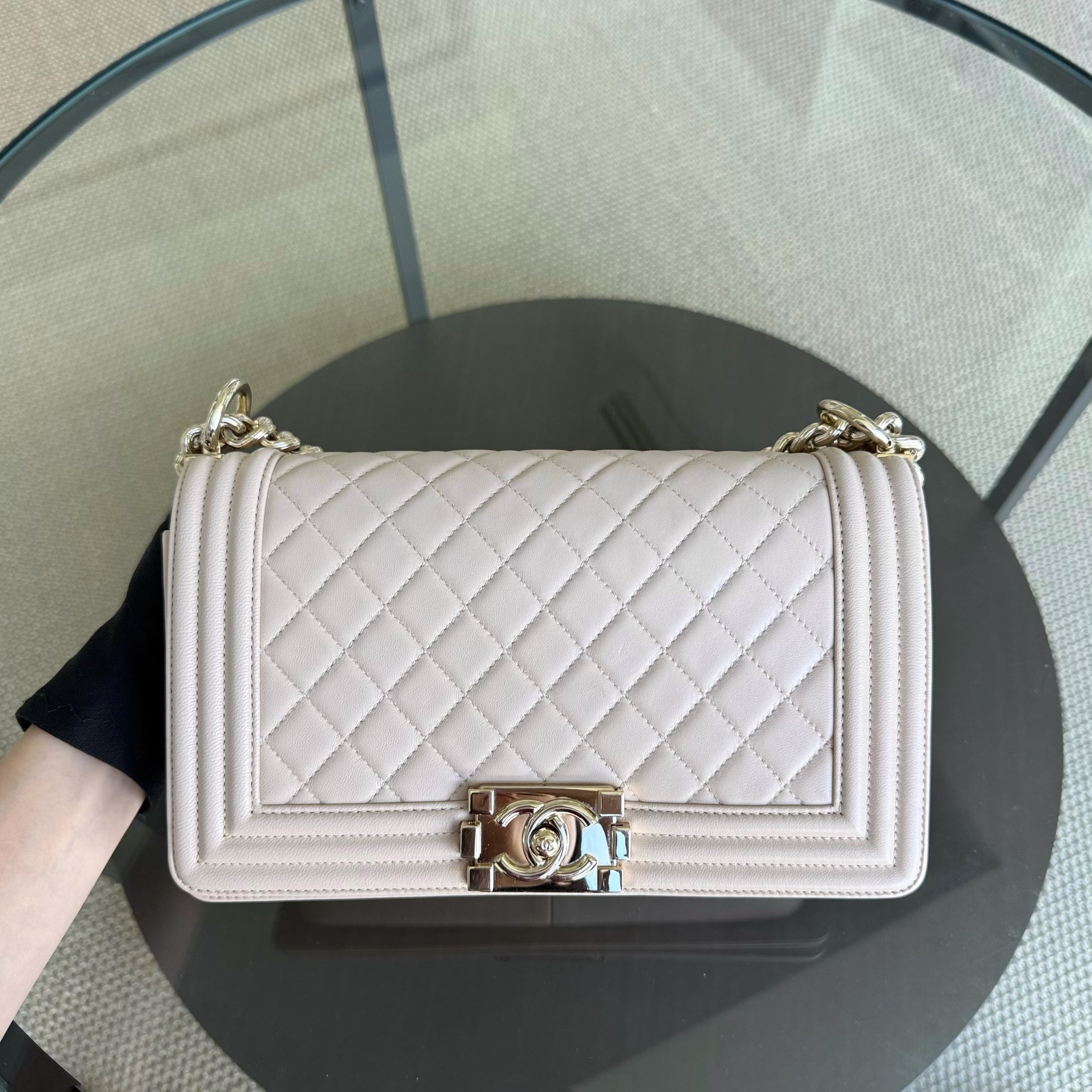 Chanel Boy Medium - 25CM Quilted Lambskin Light Nude Pink Gold Hardware Series 23