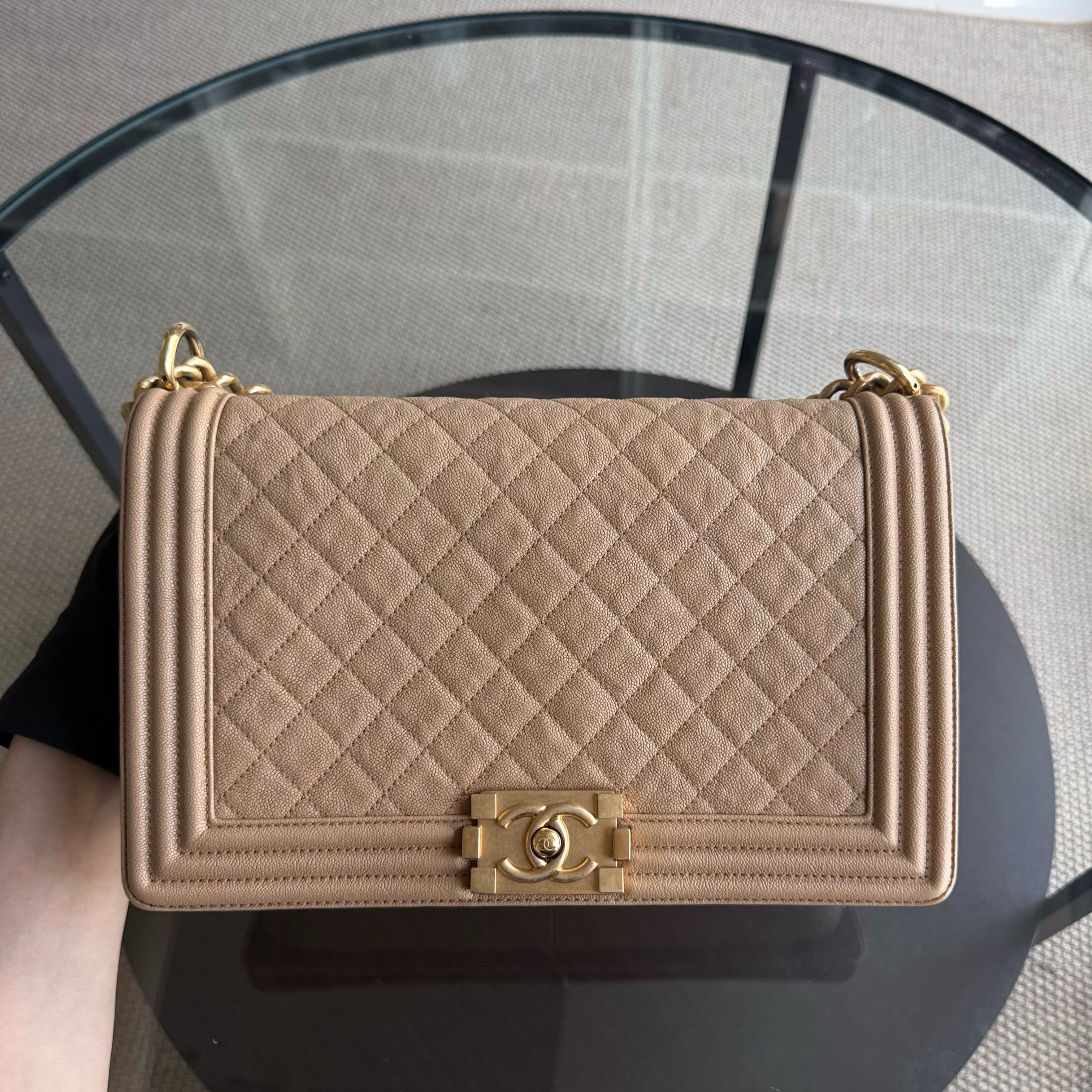 Chanel Boy New Medium - Caviar 28CM Quilted Beige Grained Calfskin Gold Hardware Series 28