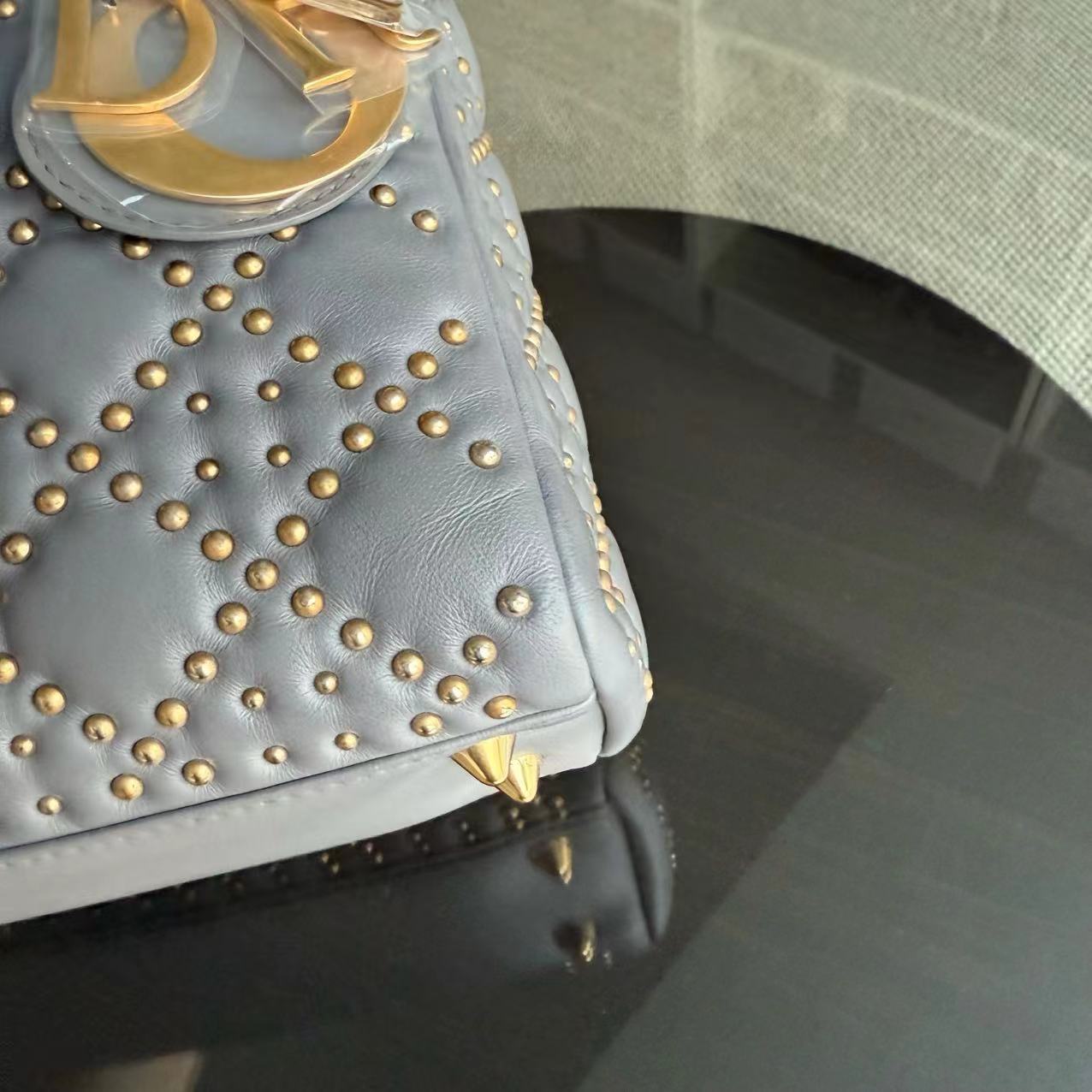 Dior Small Lady Shoulder Bag - Studded Cannage Grey Gray Golden Hardware