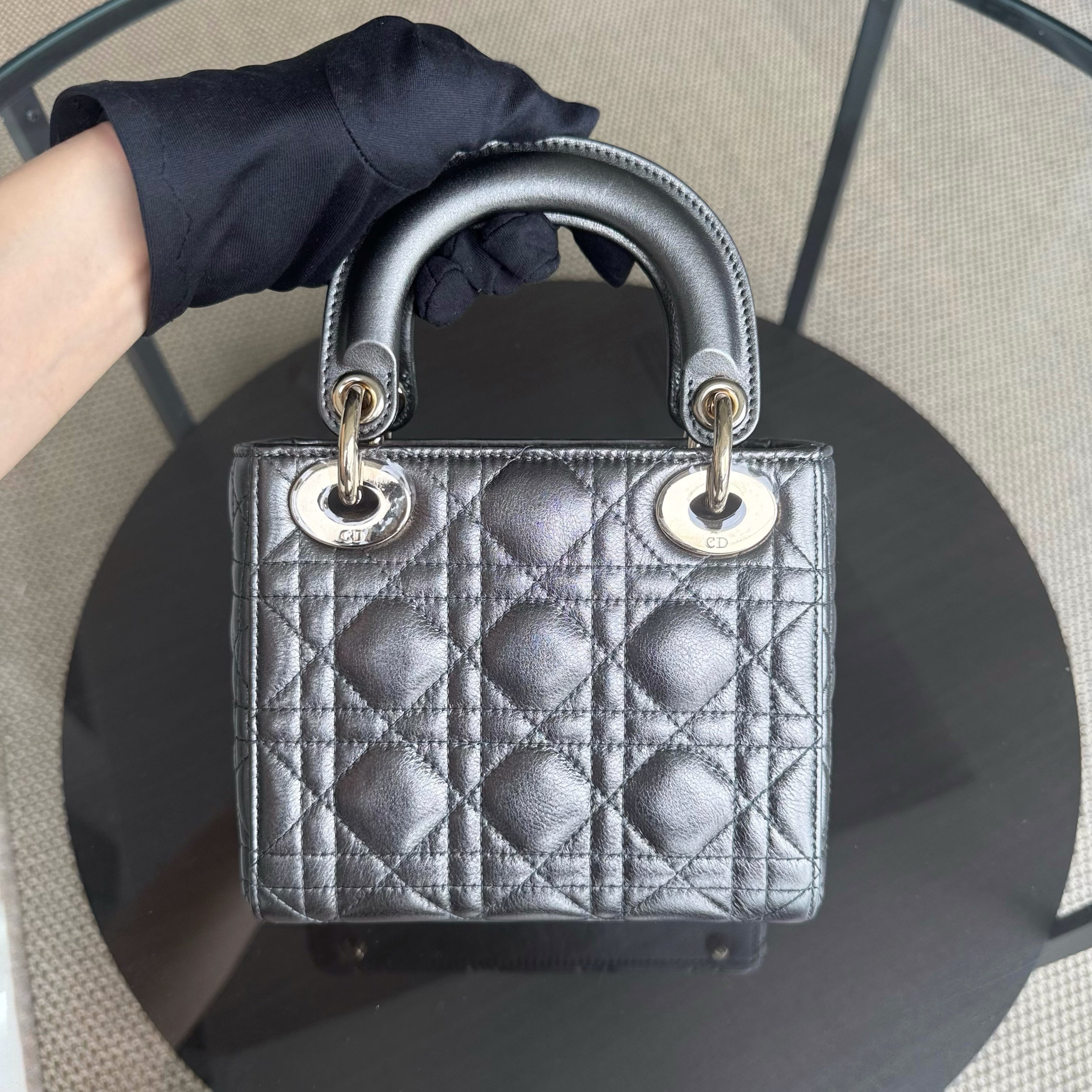 Dior Lady Mini - Cannage Calfskin Silver Gunmetal Gold Hardware Chain Strap