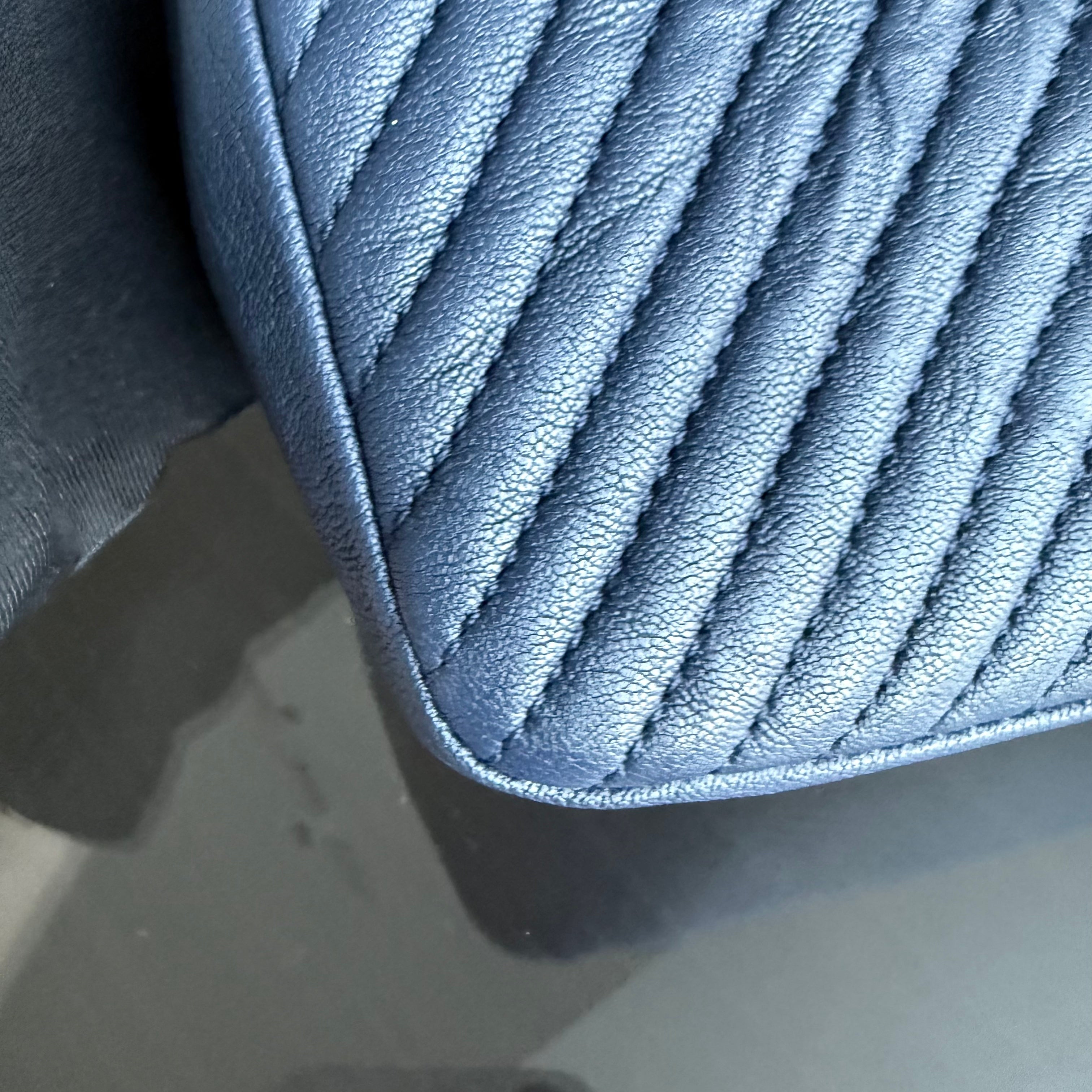 Chanel Seasonal Flap Herringbone - 23CM Calfskin Chevron Blue Distressed Aged Gold Hardware Series 21