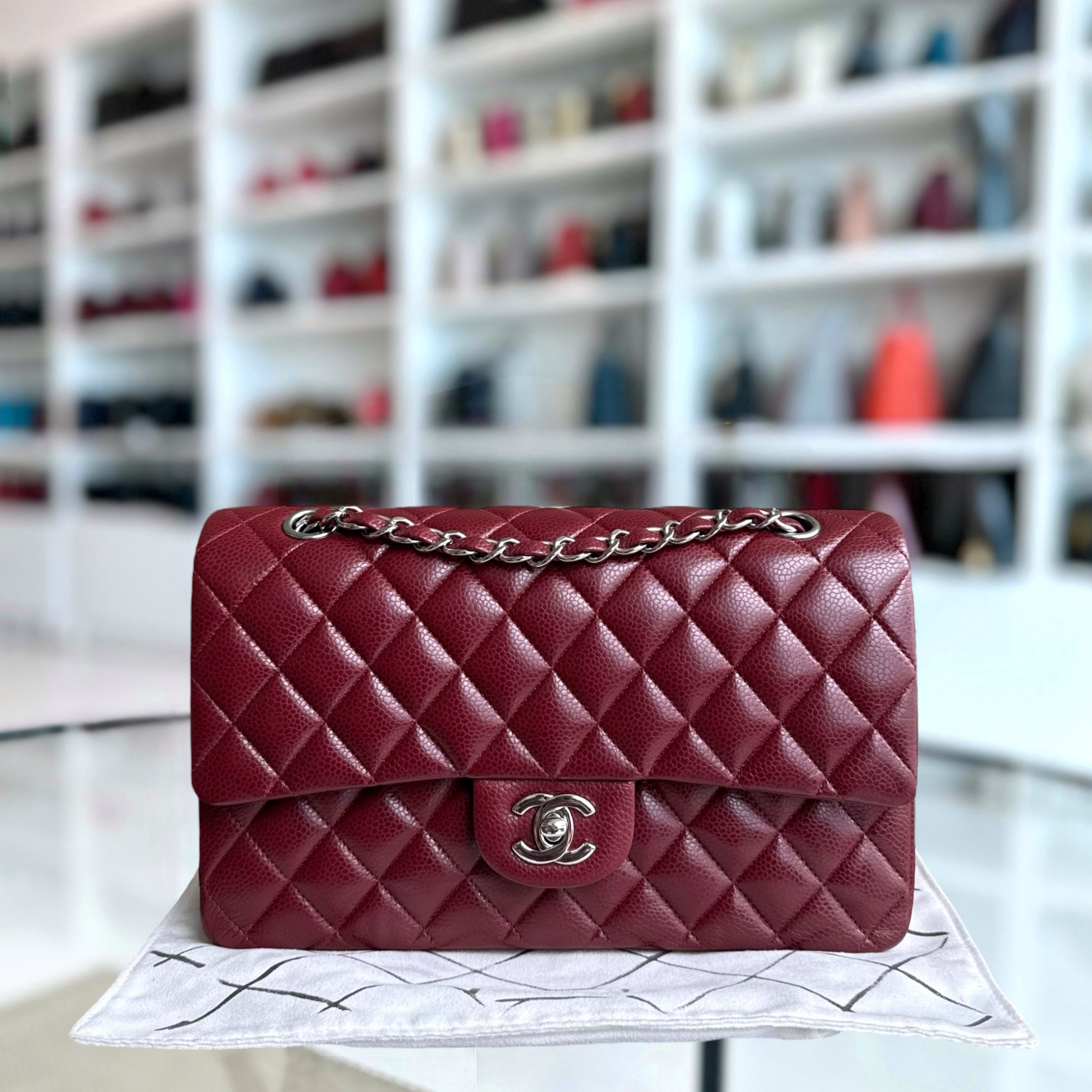 Chanel Classic Flap Medium - Caviar 25CM Quilted Burgundy Dark Red Silver Hardware Series 15