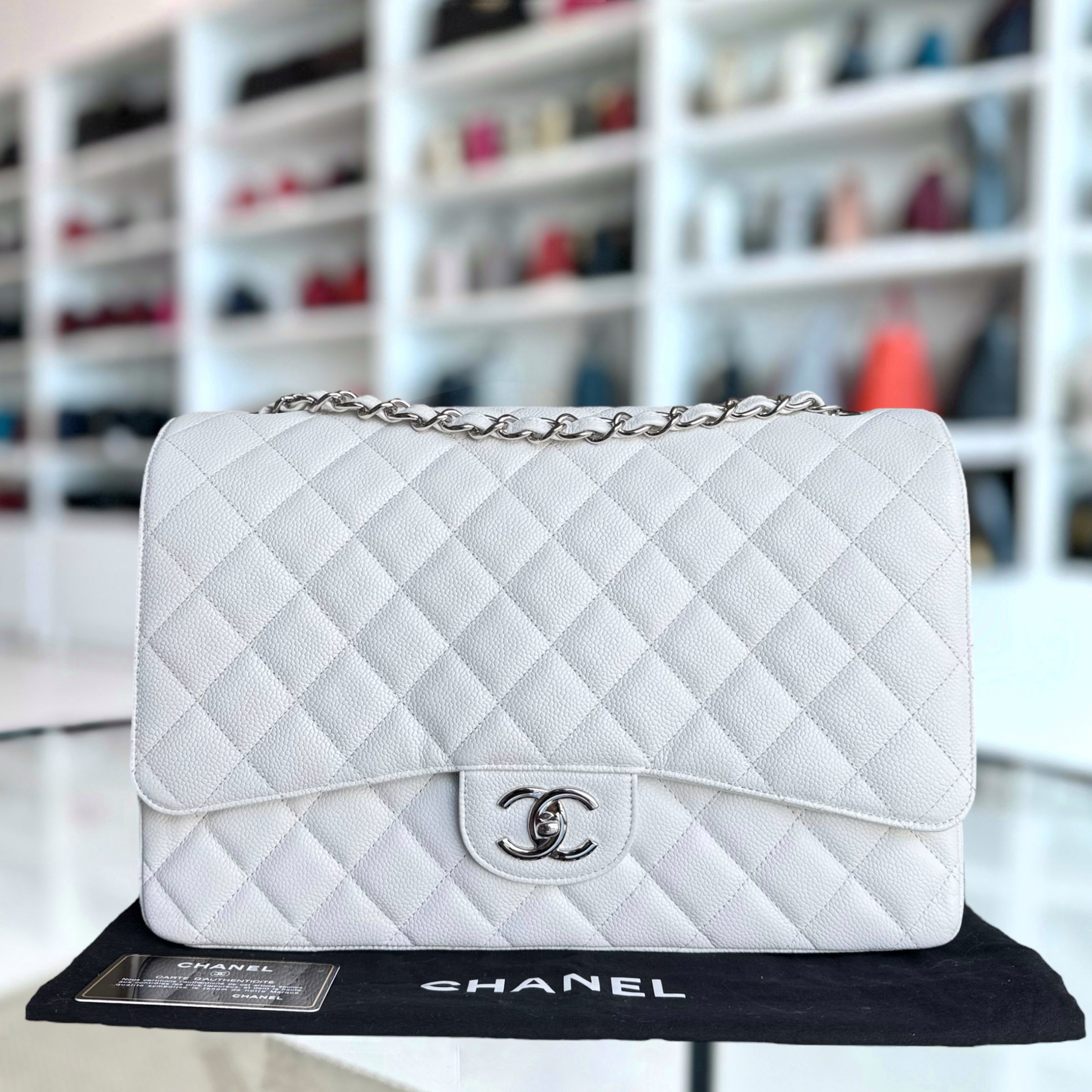 Chanel Classic Flap Maxi - Caviar Double Flap 33CM Quilted White Silver Hardware Series 14