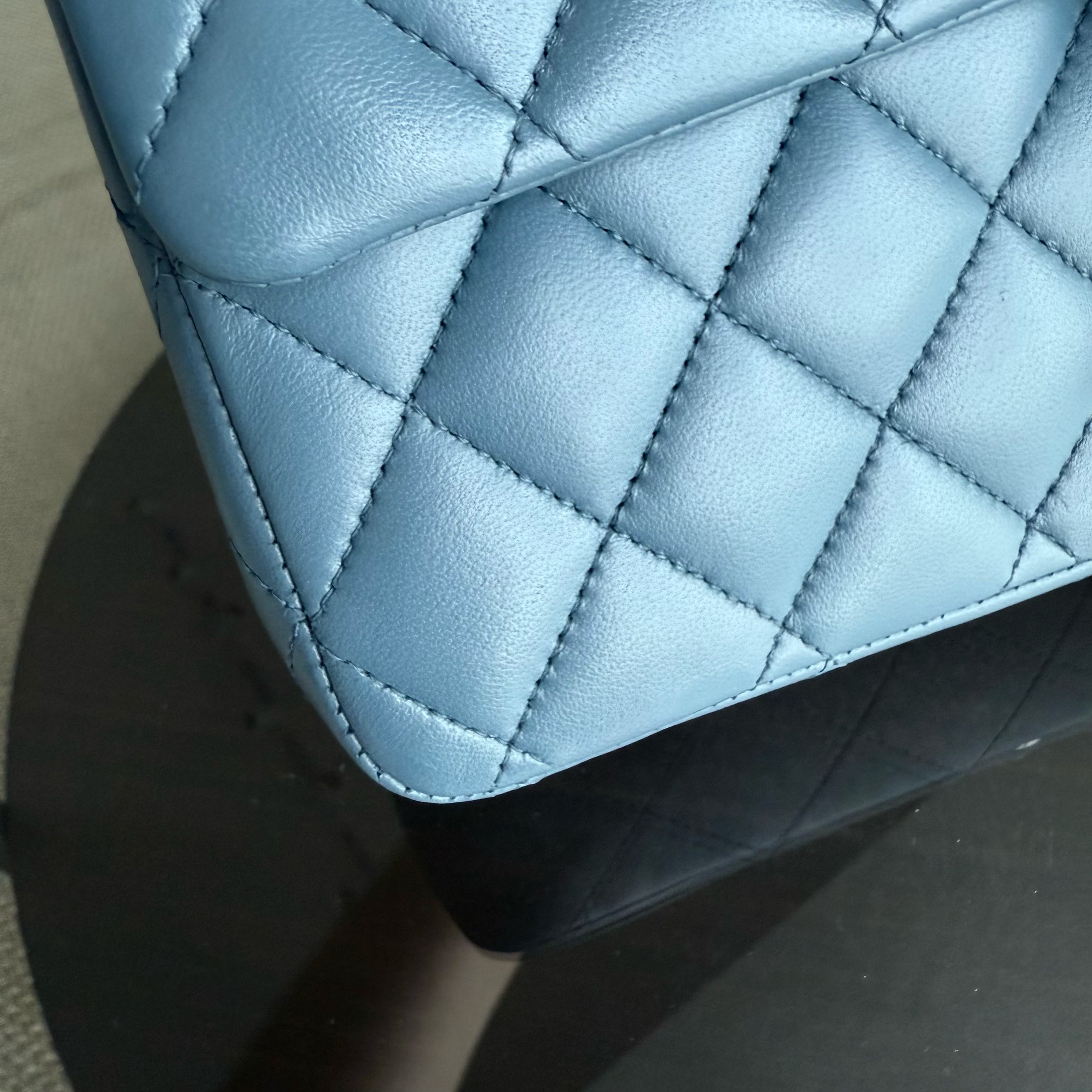 Chanel Classic Flap Medium - 25CM Quilted Lambskin Haze Blue Silver Hardware & Balance of Chanel PST RED