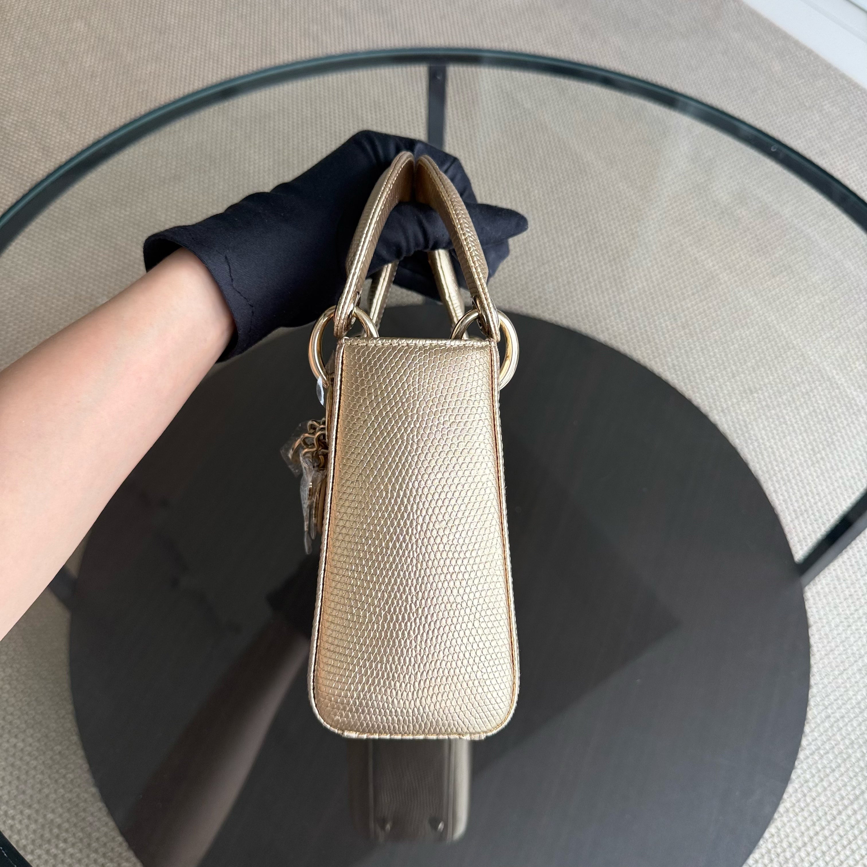 Dior Lady Mini - Exotic Lizard Skin Gold Metallic Gold Hardware Chain Strap