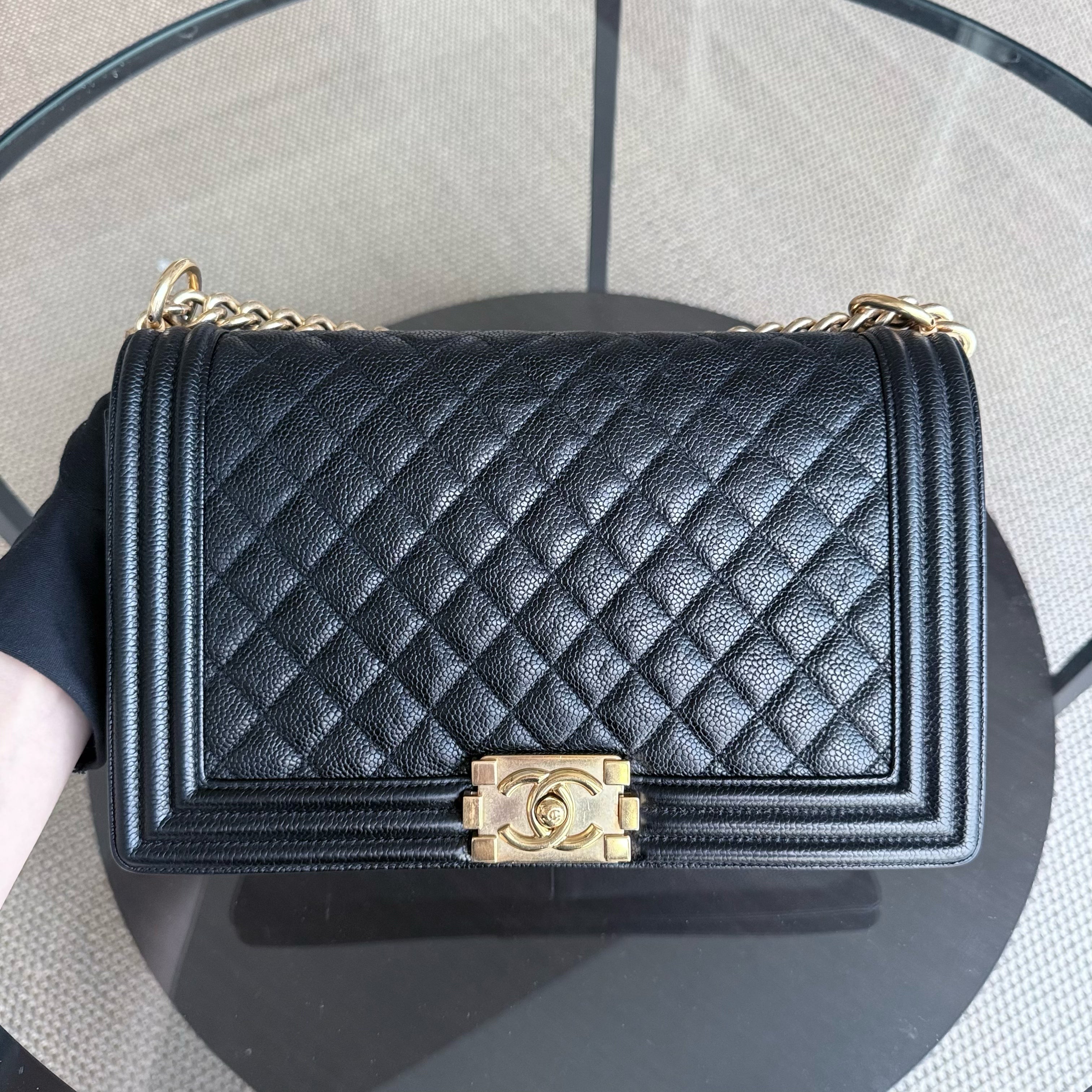 Chanel Boy New Medium - Caviar 28CM Quilted Black Gold Hardware Series 23