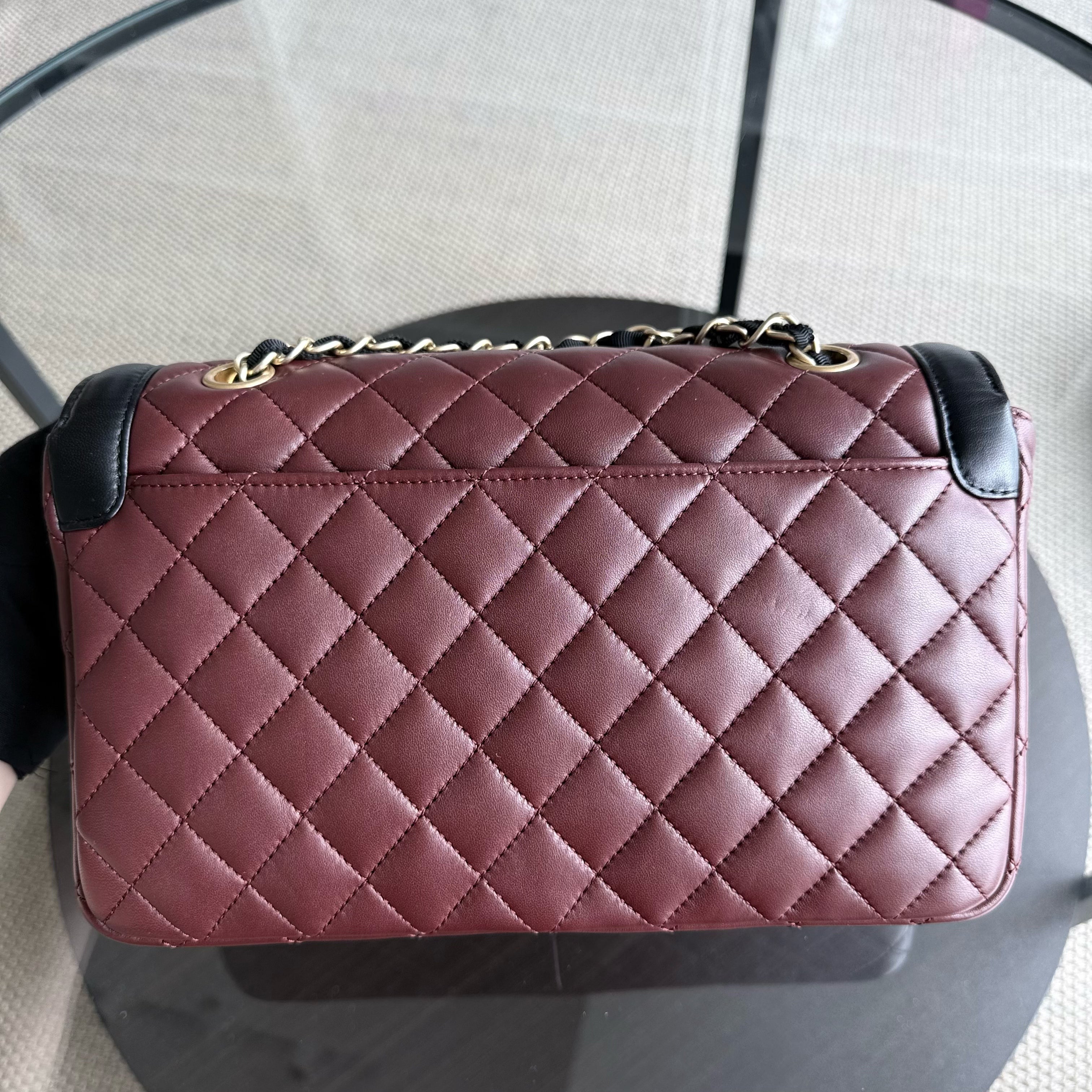 Chanel Seasonal Two-tone Flap Medium - Quilted Lambskin Dark Burgundy Red Black Gold Hardware Series 21