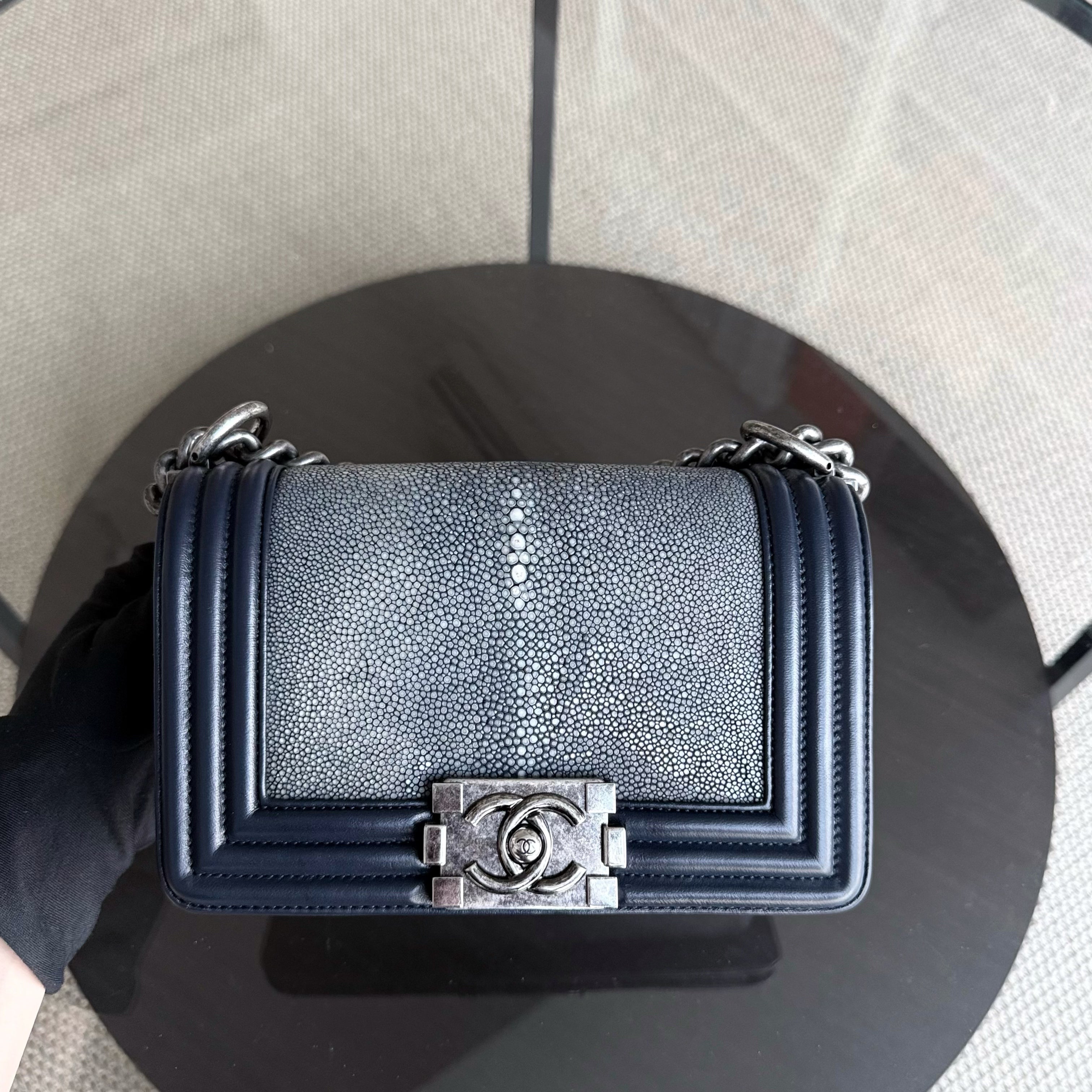 Chanel Boy Small - Small Galuchat Stingray Blue Ruthenium Silver Hardware Series 20