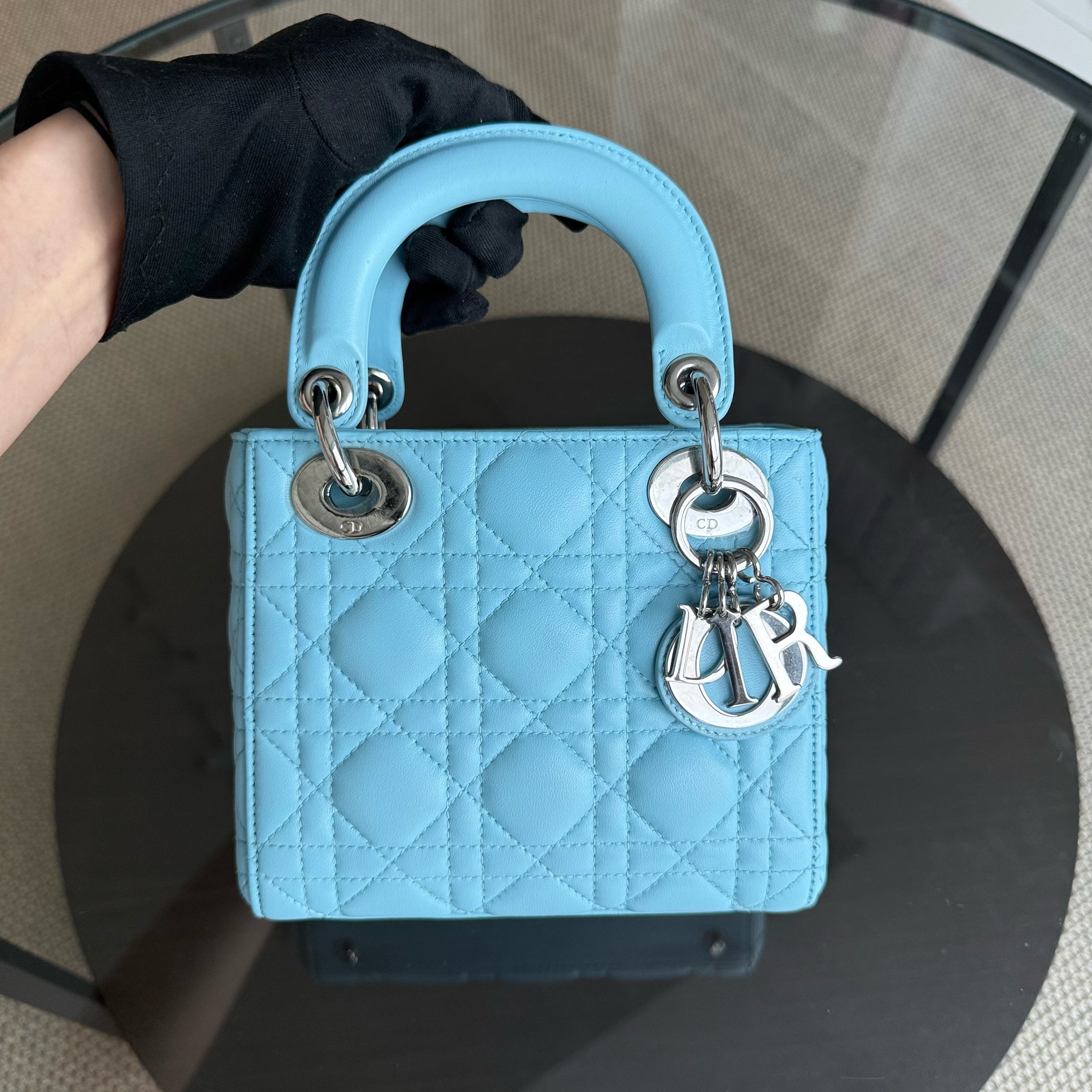 Dior Lady Mini - Cannage Lambskin Light Blue Silver Hardware Adjustable strap