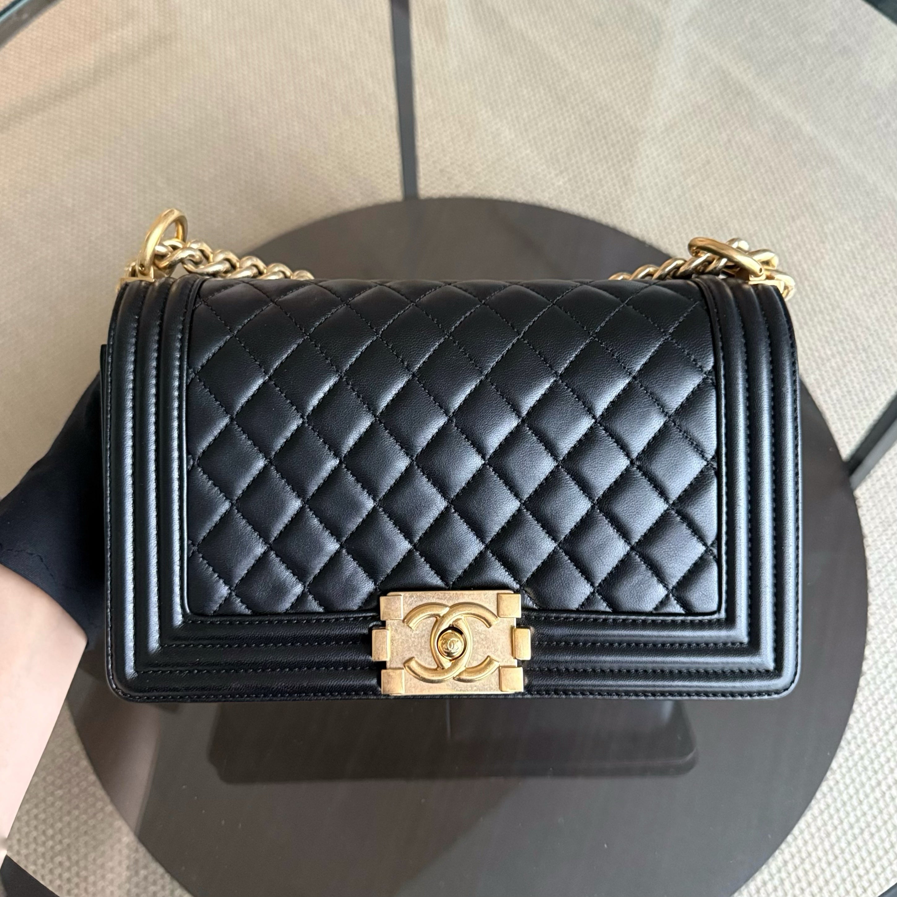 Chanel Boy Medium - 25CM Quilted Lambskin Black Gold Hardware Series 23