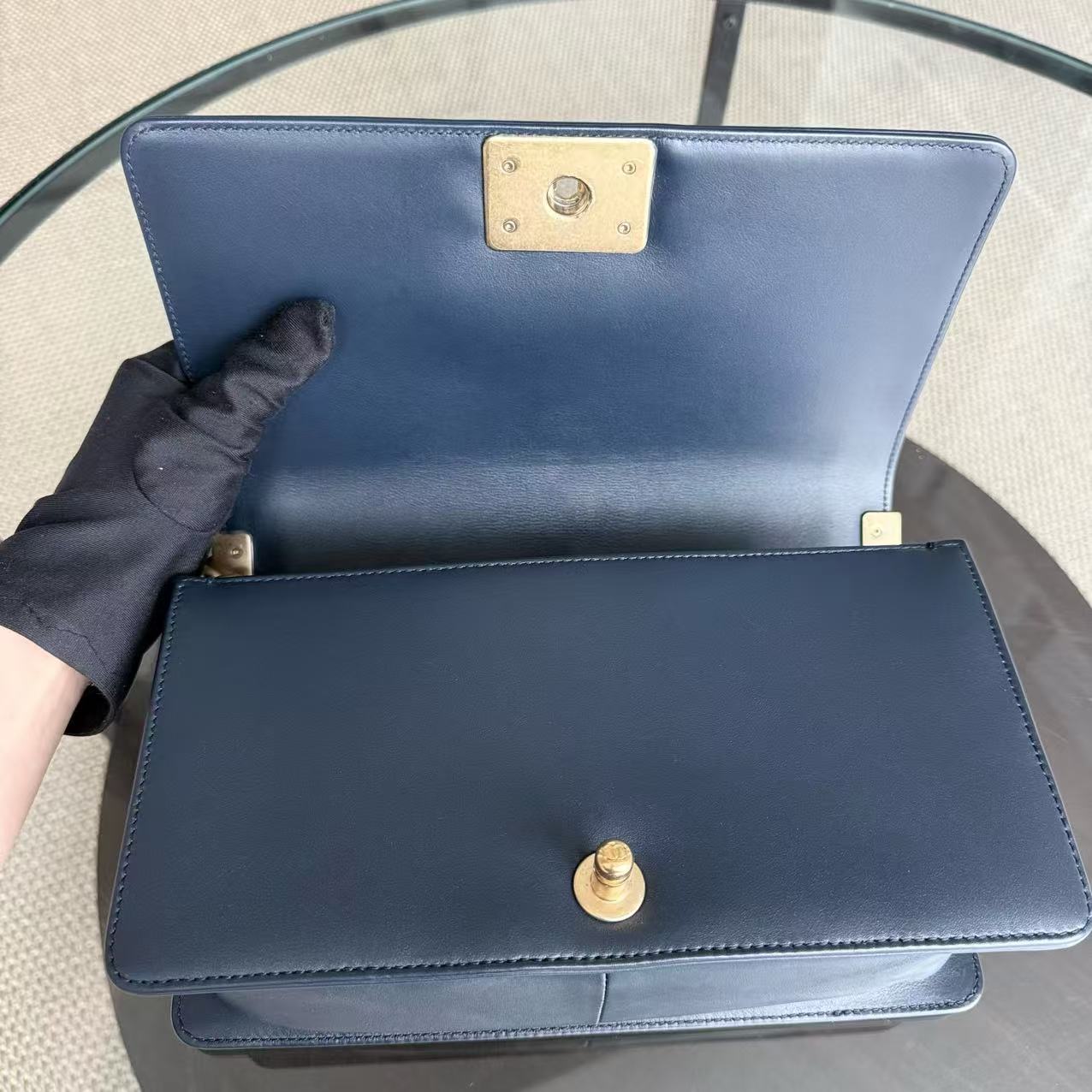 Chanel Boy Medium - 25CM Chevron Lambskin Dark Navy Blue Gold Hardware Series 25