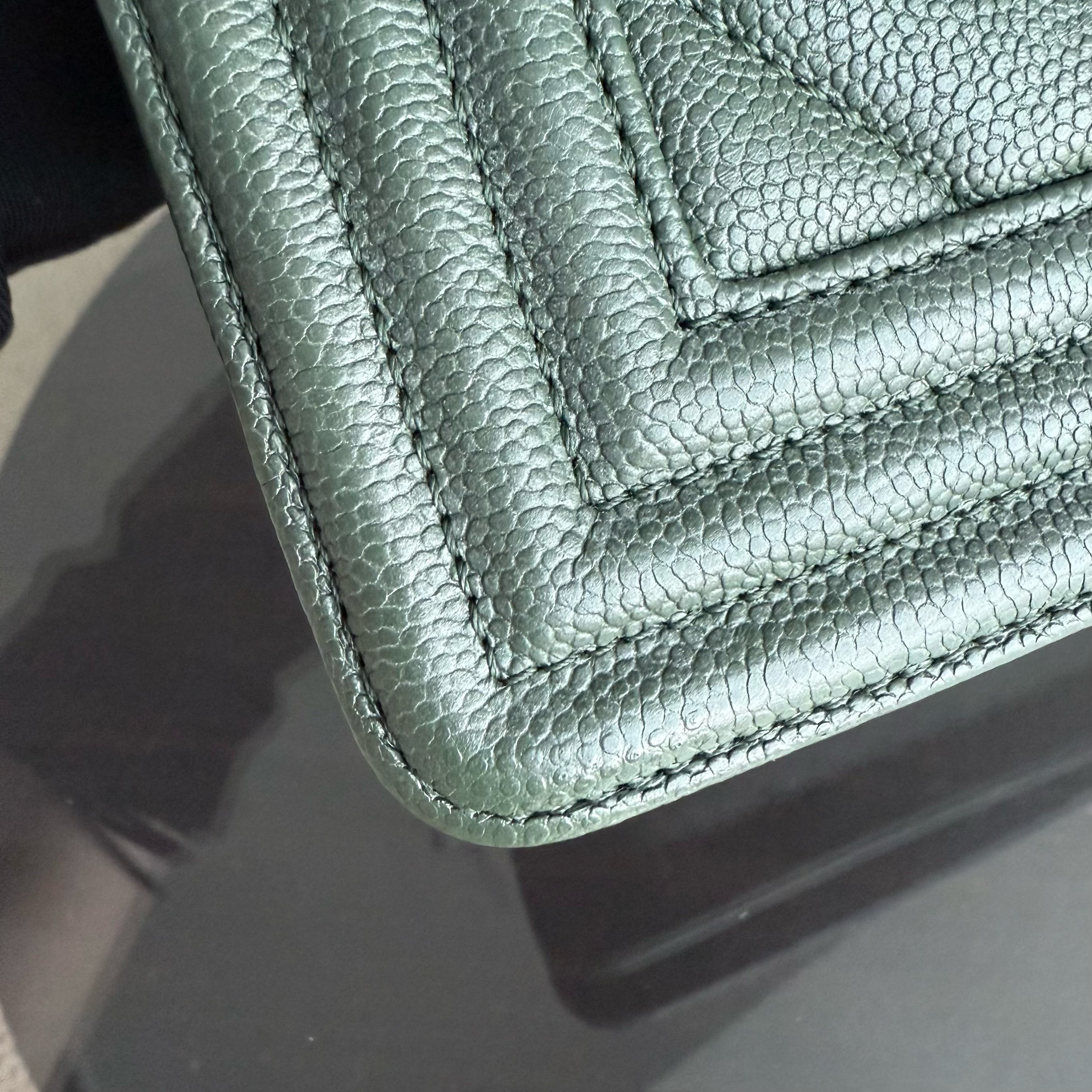 Chanel Boy Medium - Caviar 25CM Chevron Dark Green Ruthenium Silver Hardware Series 26