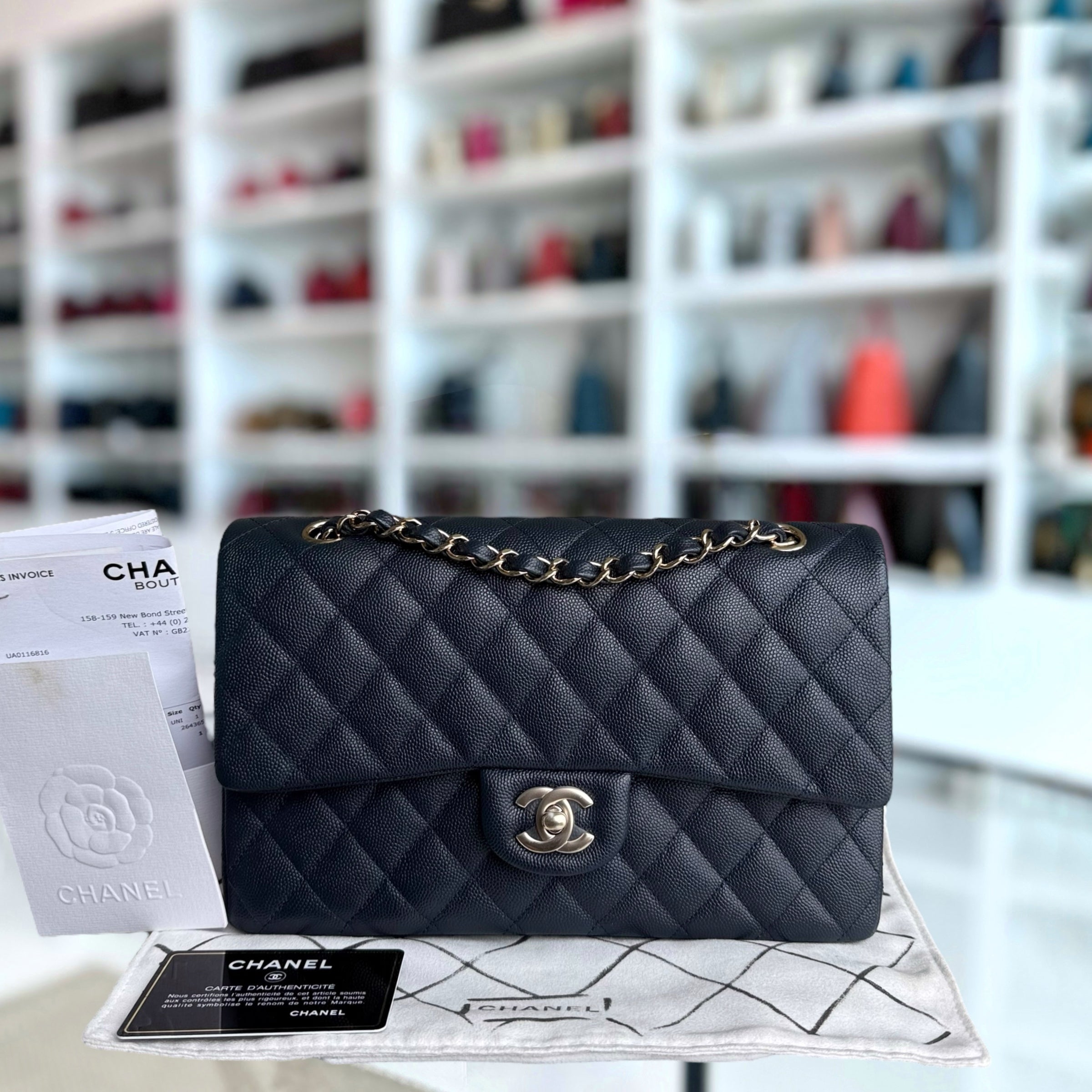 Chanel Classic Flap Medium - Caviar 25CM Quilted Dark Navy Blue Light Gold Hardware Series 26