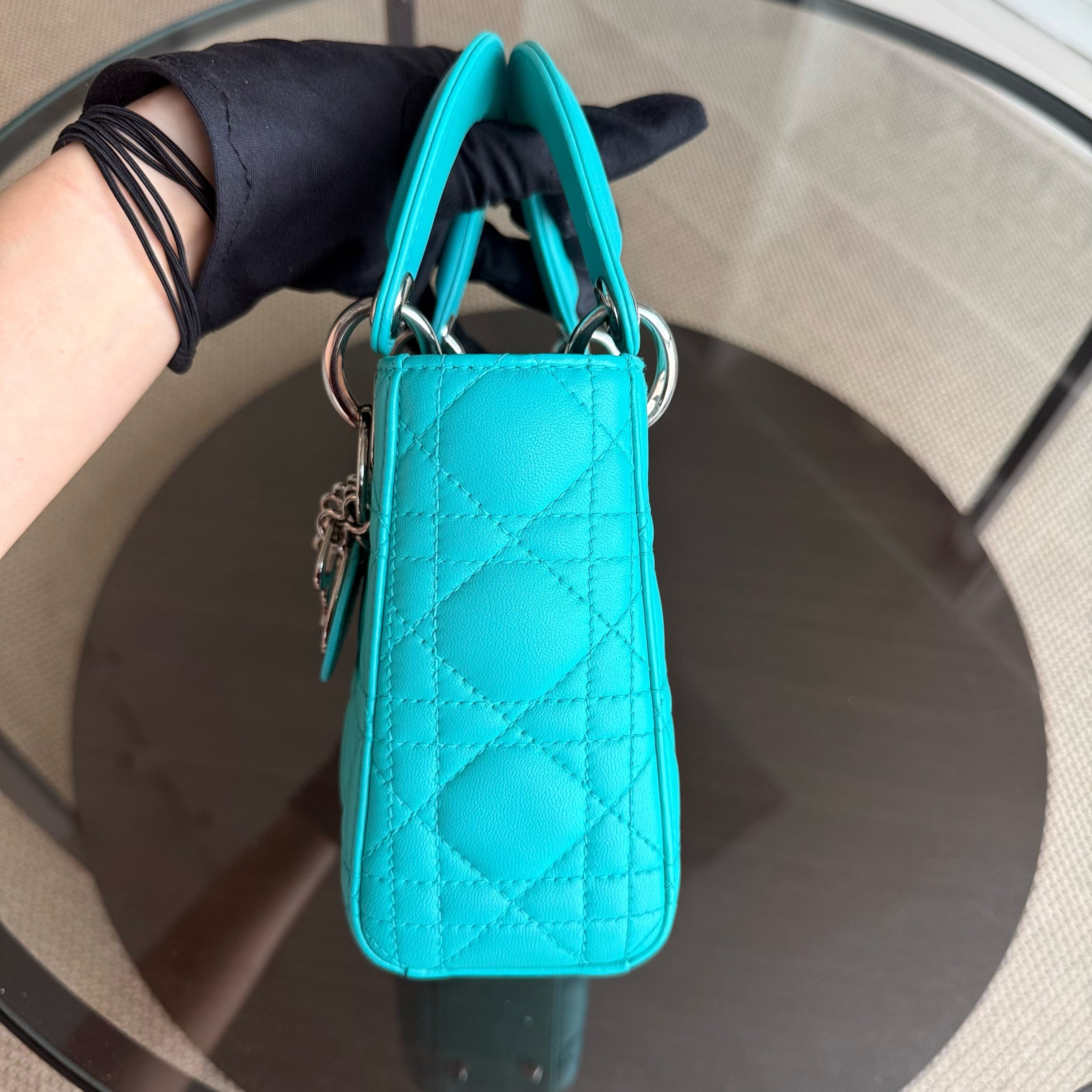 Dior Lady Mini - Cannage Lambskin Cyan Blue Silver Hardware Adjustable Strap