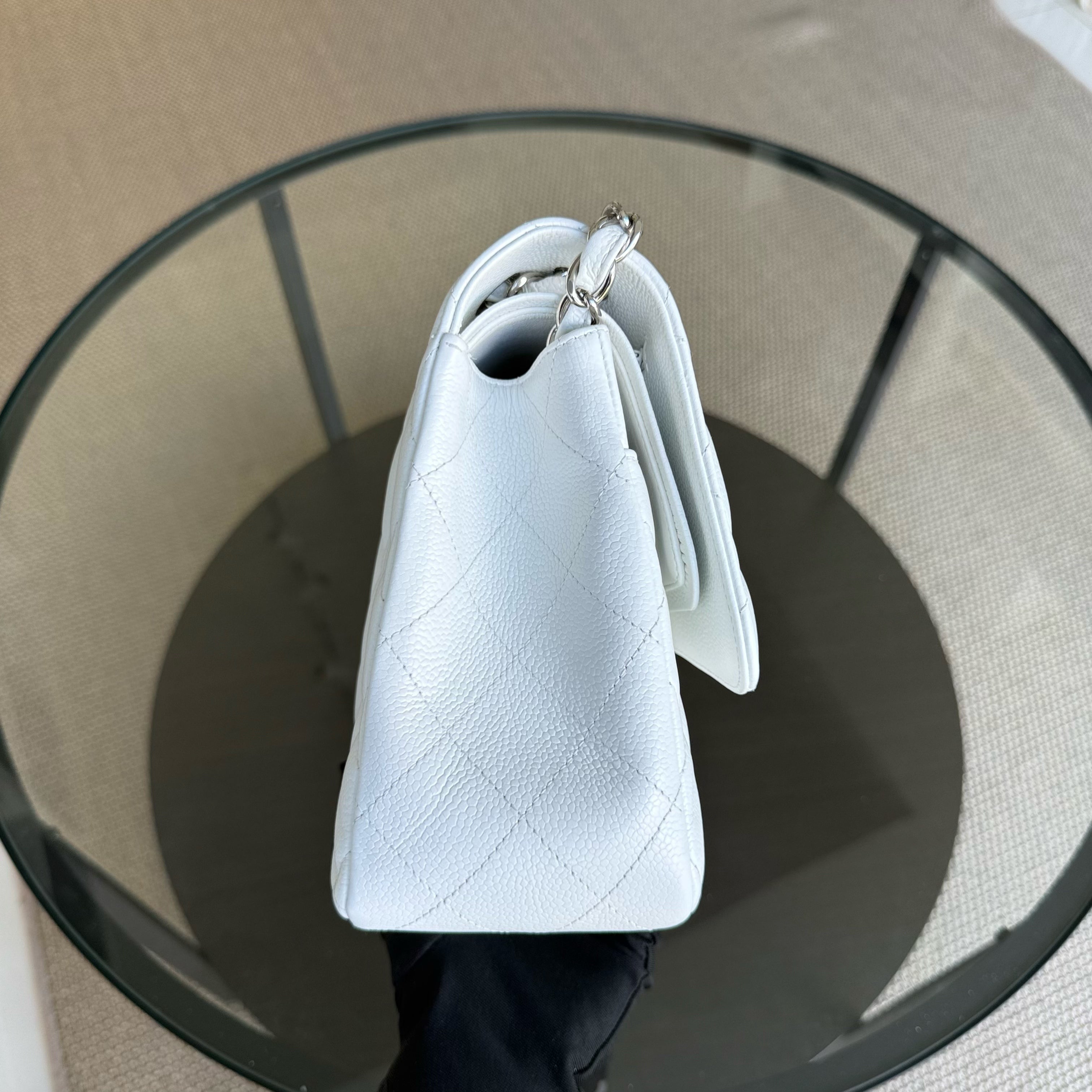 Chanel Classic Flap Jumbo - Caviar Double Flap 30CM Quilted White Silver Hardware Series 14