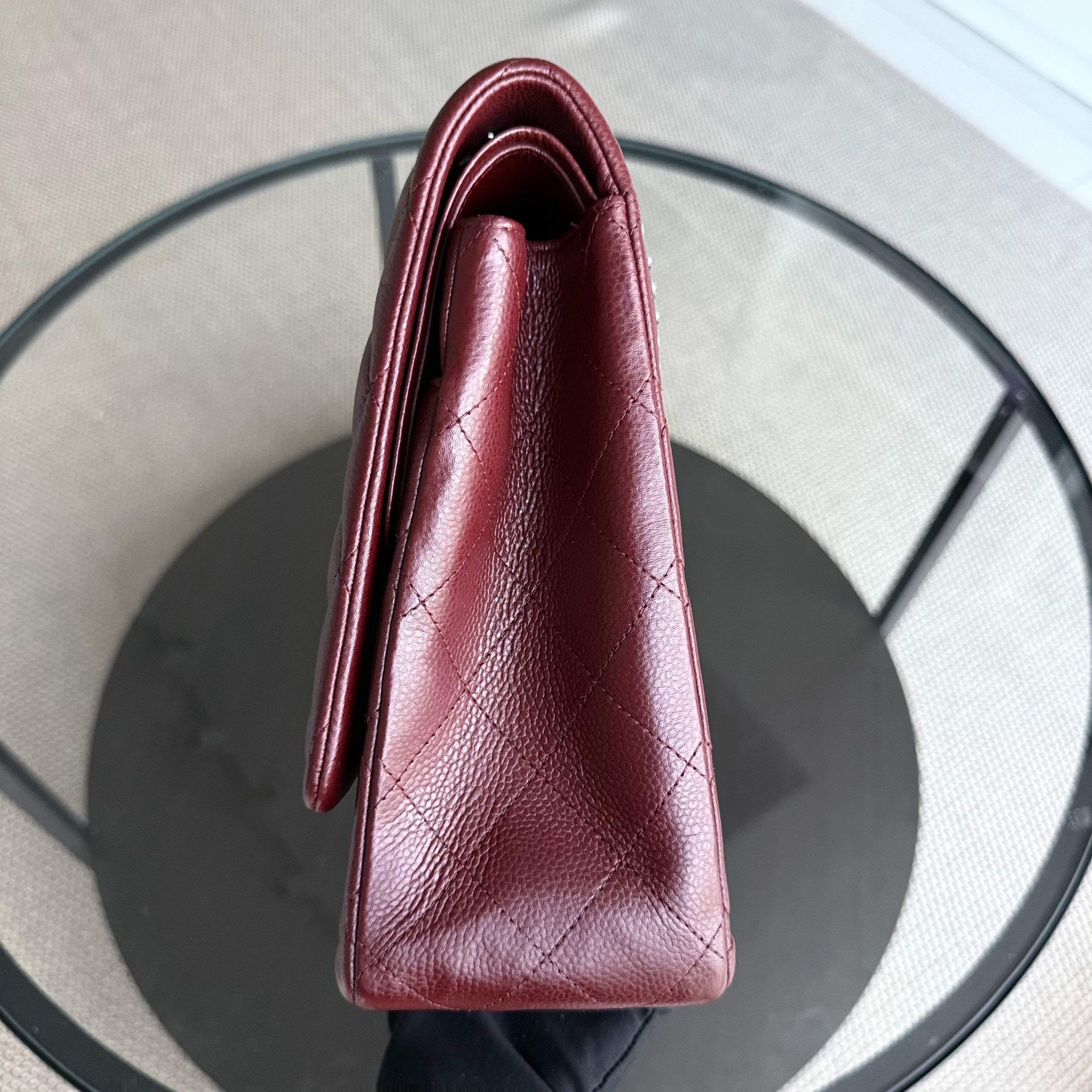 Chanel Classic Flap Maxi - Caviar Double Flap 33CM Quilted Grained Calfskin Burgundy Dark Red Silver Hardware Series 15