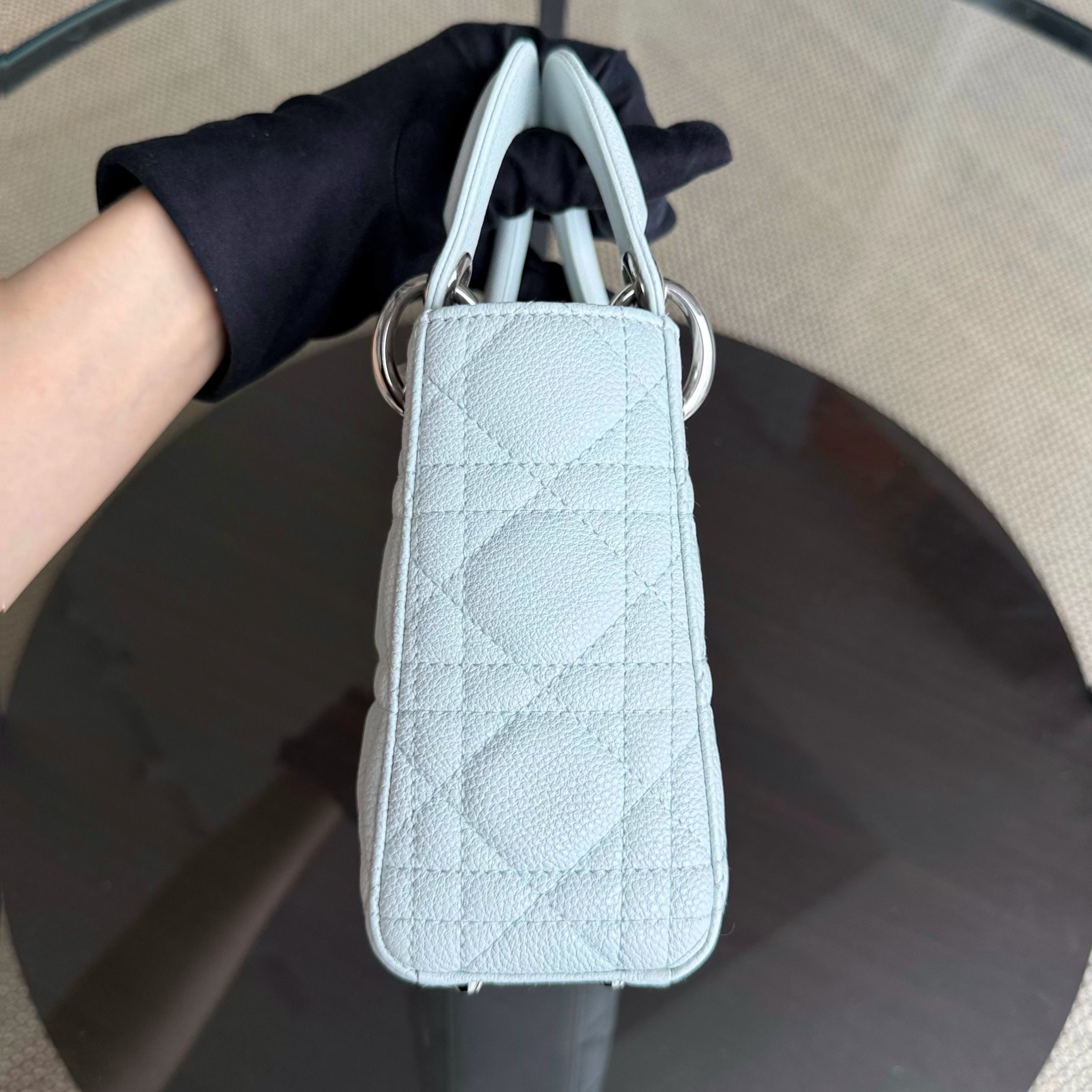 Dior Lady Mini - Grained Calfskin Cannage Glacier White Silver Hardware