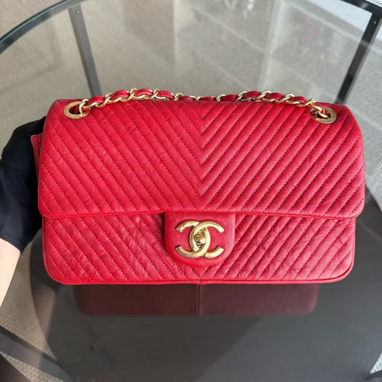 Chanel Herringbone Medallion - Chevron Seasonal Flap Red Calfskin Aged Gold Hardware