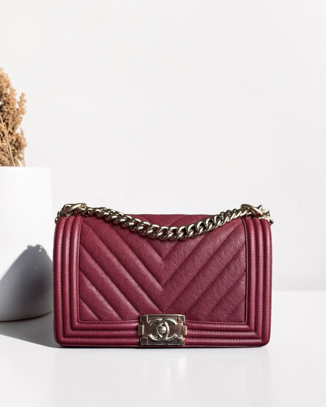Chanel Boy Medium - Caviar 25CM Chevron Red Gold Hardware Series 28