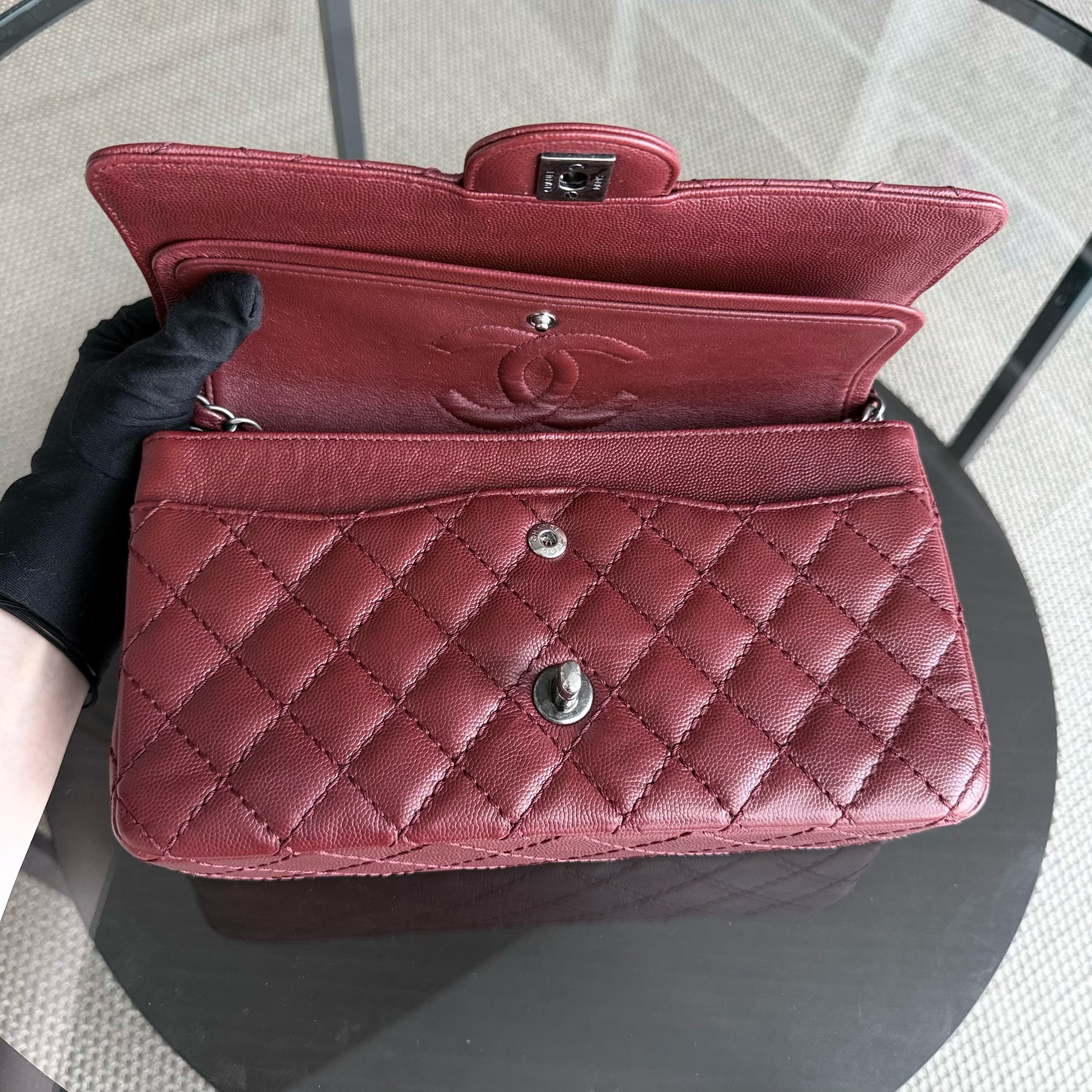 Chanel Classic Flap Medium - Caviar 25CM Quilted Burgundy Dark Red Ruthenium Silver Hardware Series 23