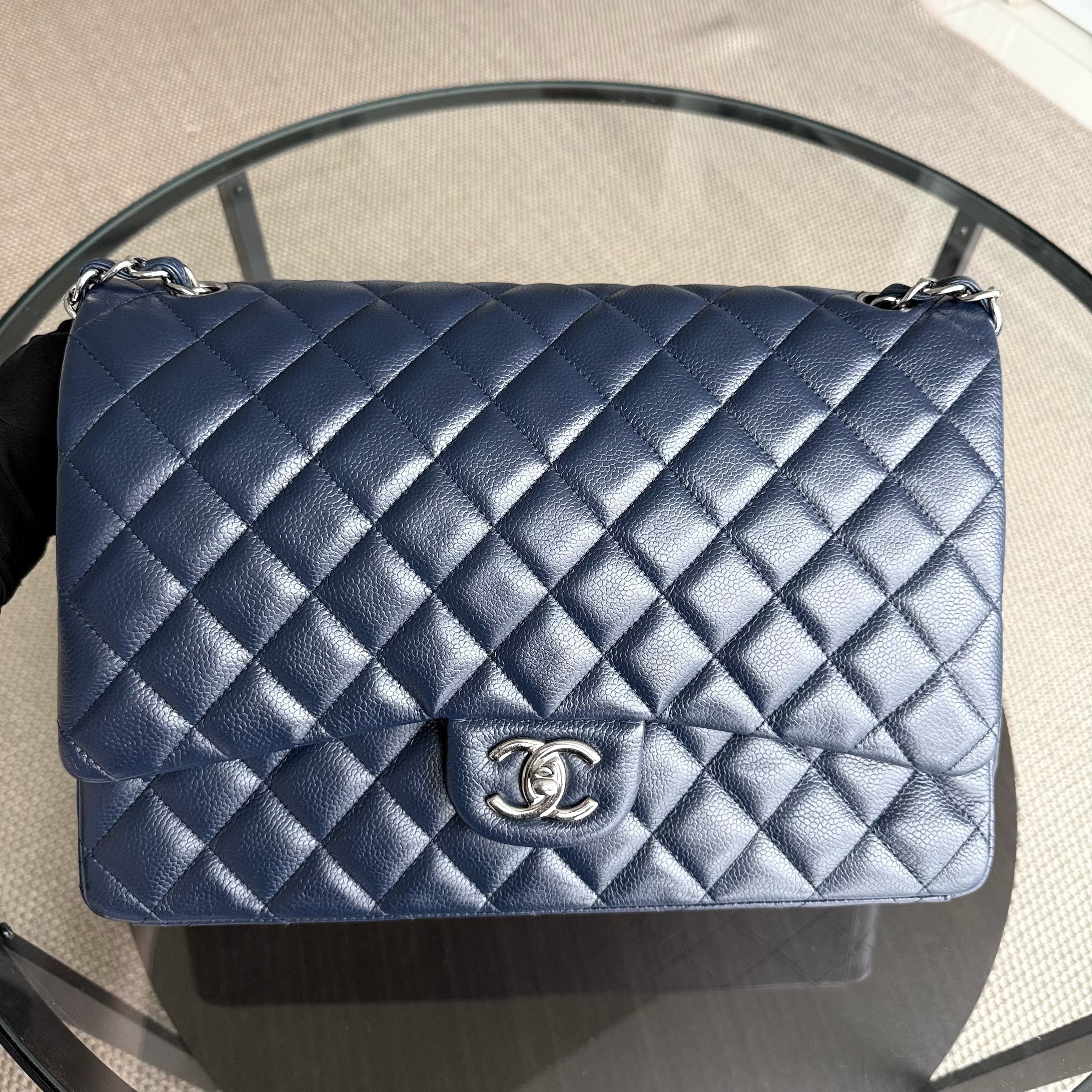 Chanel Classic Flap Maxi - Caviar Double Flap 34CM Quilted Dark Blue Silver Hardware Series 15