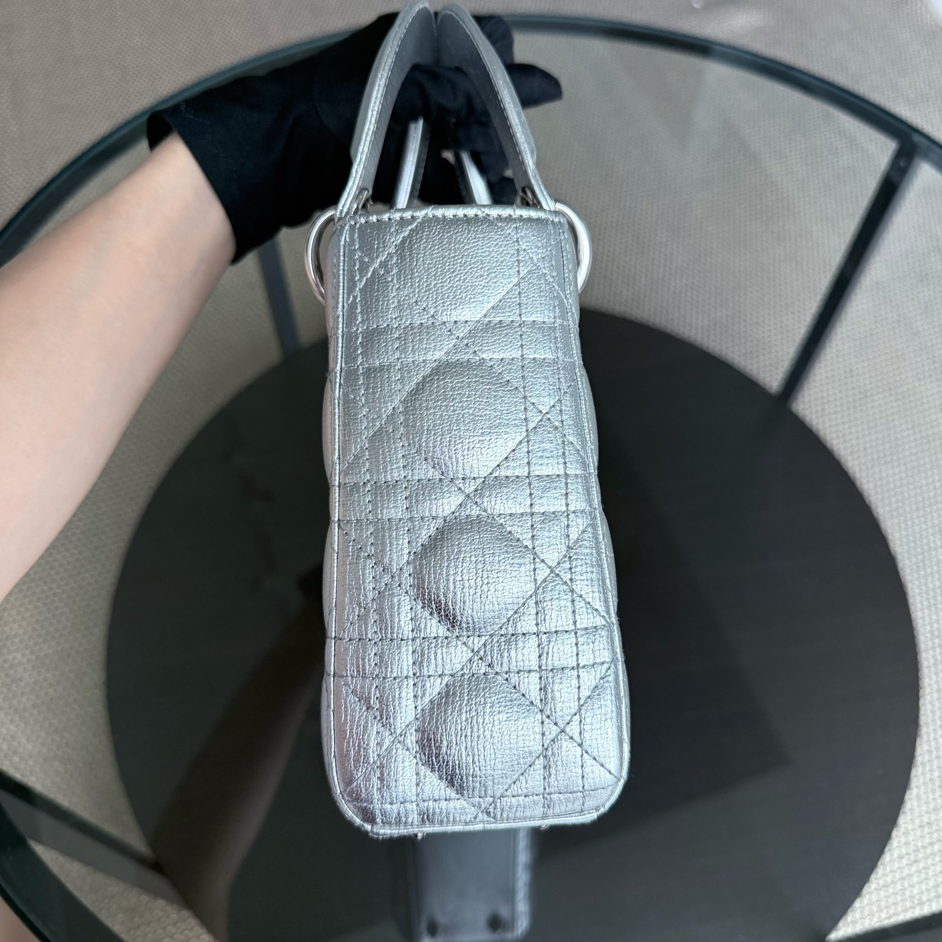 Dior Lady Small - Cannage Metallic Calfskin Silver Silver Hardware