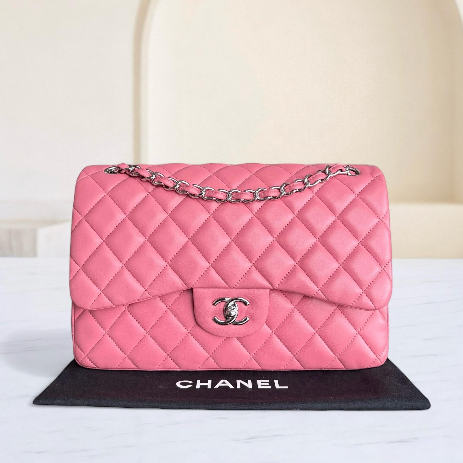 Chanel Classic Flap Jumbo - Double Flap 30CM Quilted Lambskin Sakura Pink Silver Hardware Series 18
