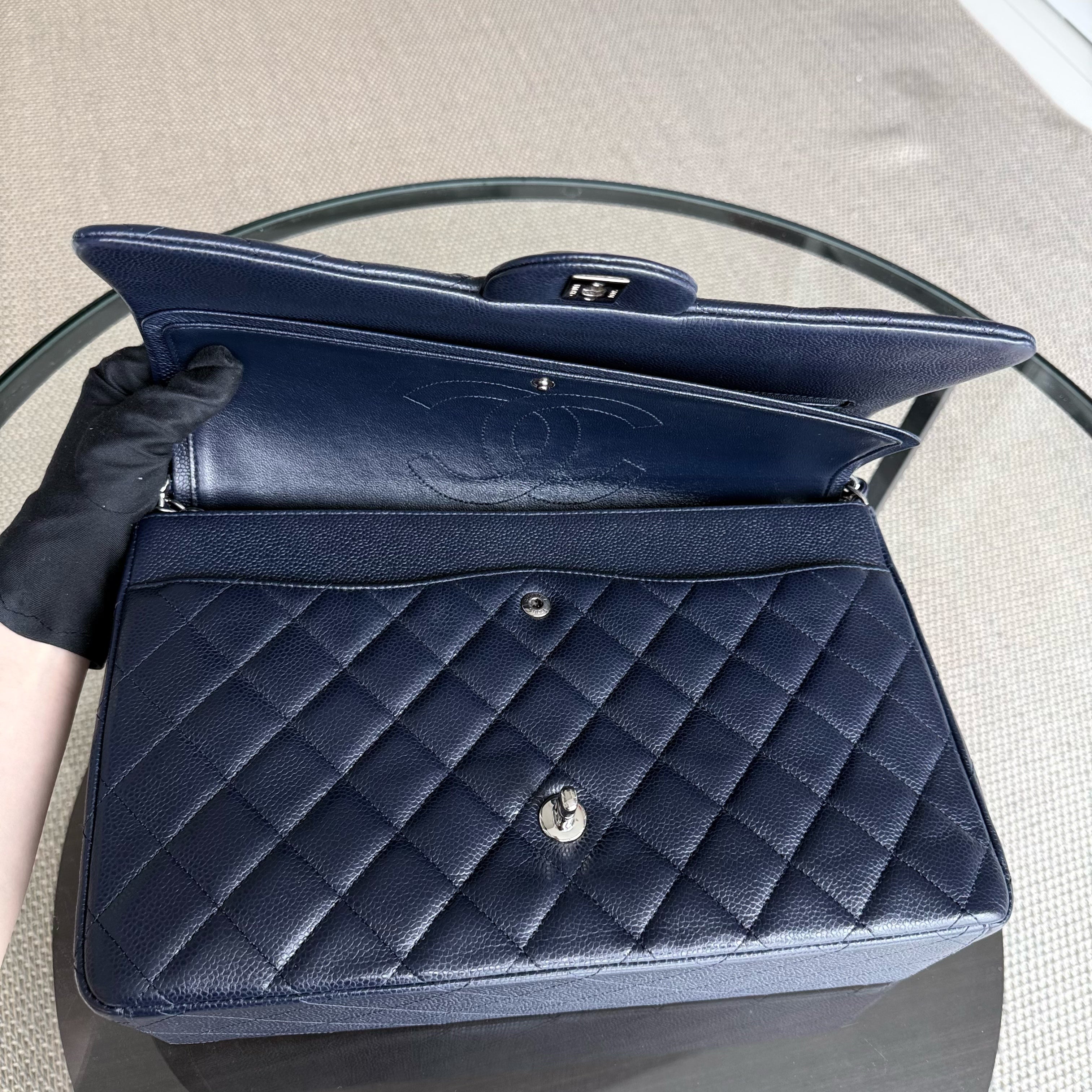 Chanel Classic Flap Maxi - Caviar Double Flap 33CM Quilted Grained Calfskin Dark Blue Silver Hardware Series 18