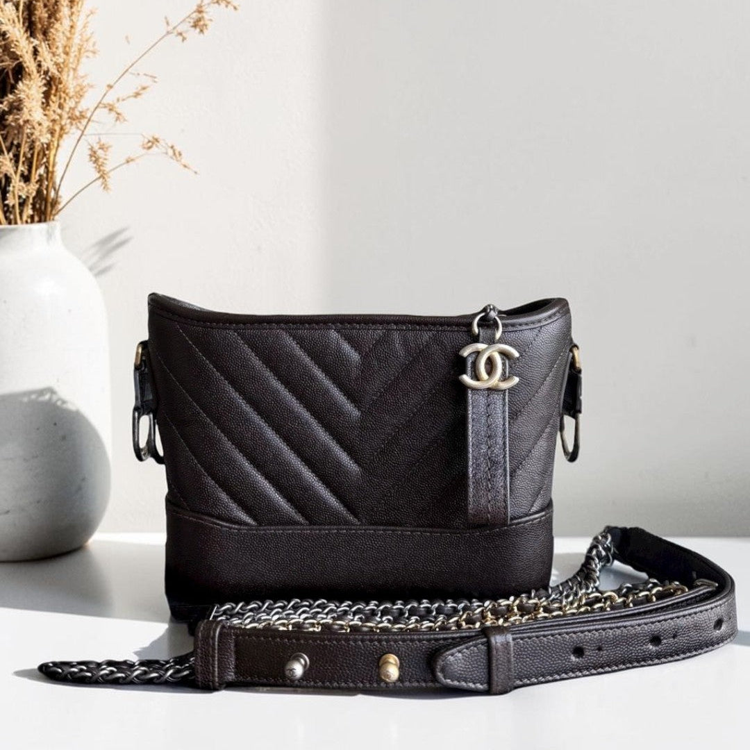 Chanel Gabrielle Small - Caviar Chevron Dark Brown Two-tone Gold Hardware Series 26