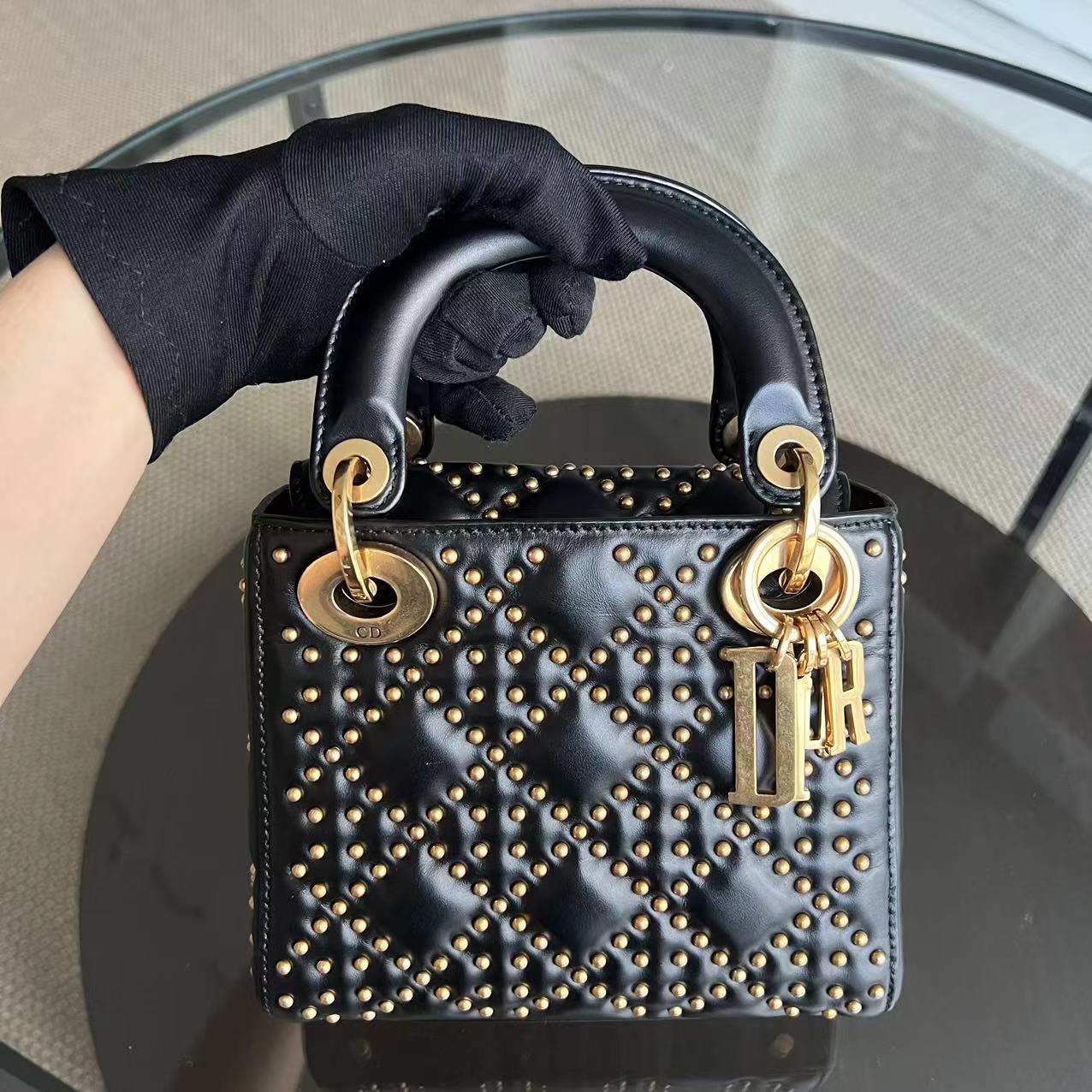 Lady Mini Studded Cannage Calfskin Black Golden Hardware