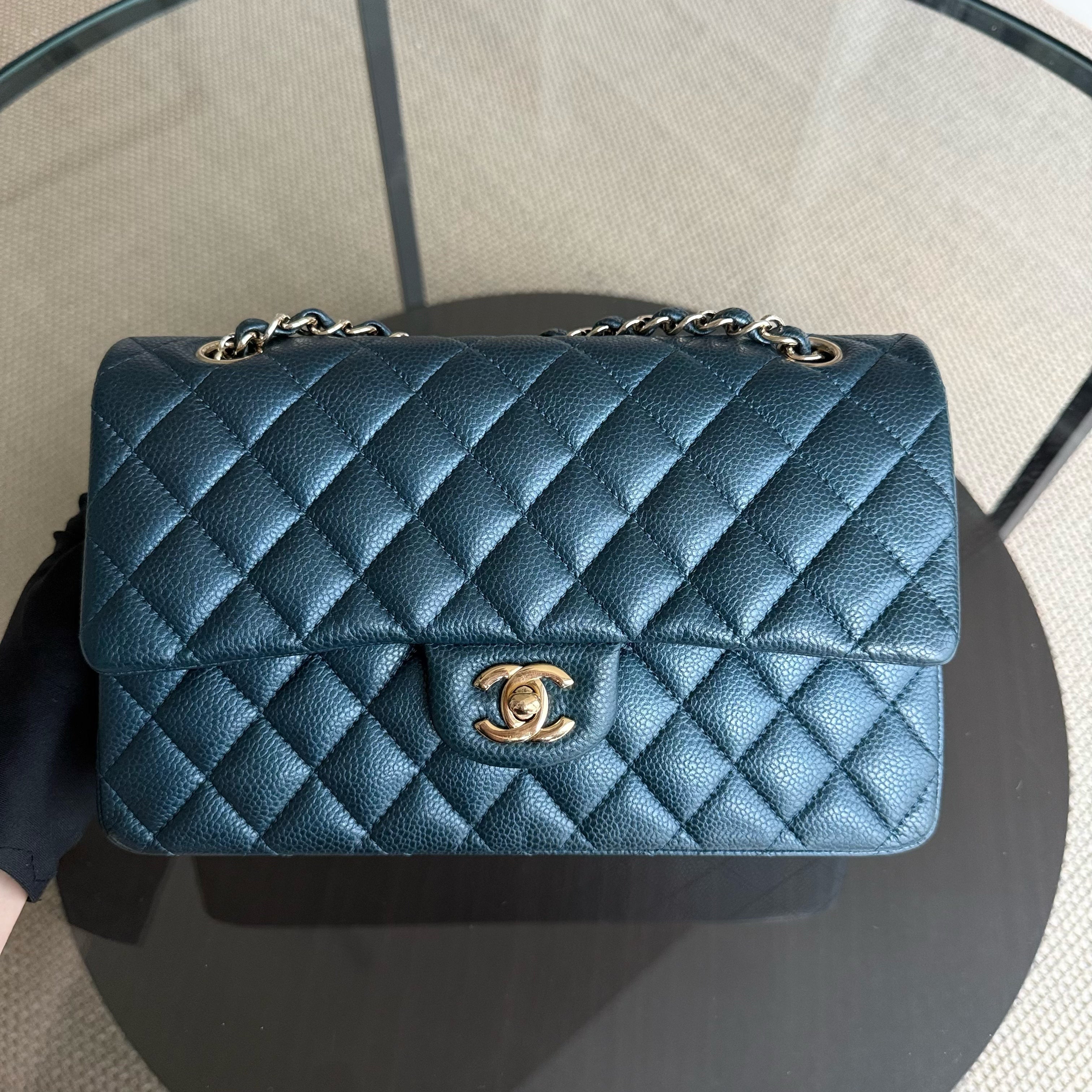 Chanel Classic Flap Medium - Caviar 25CM Quilted Iridescent Dark Blue Gold Hardware Series 25