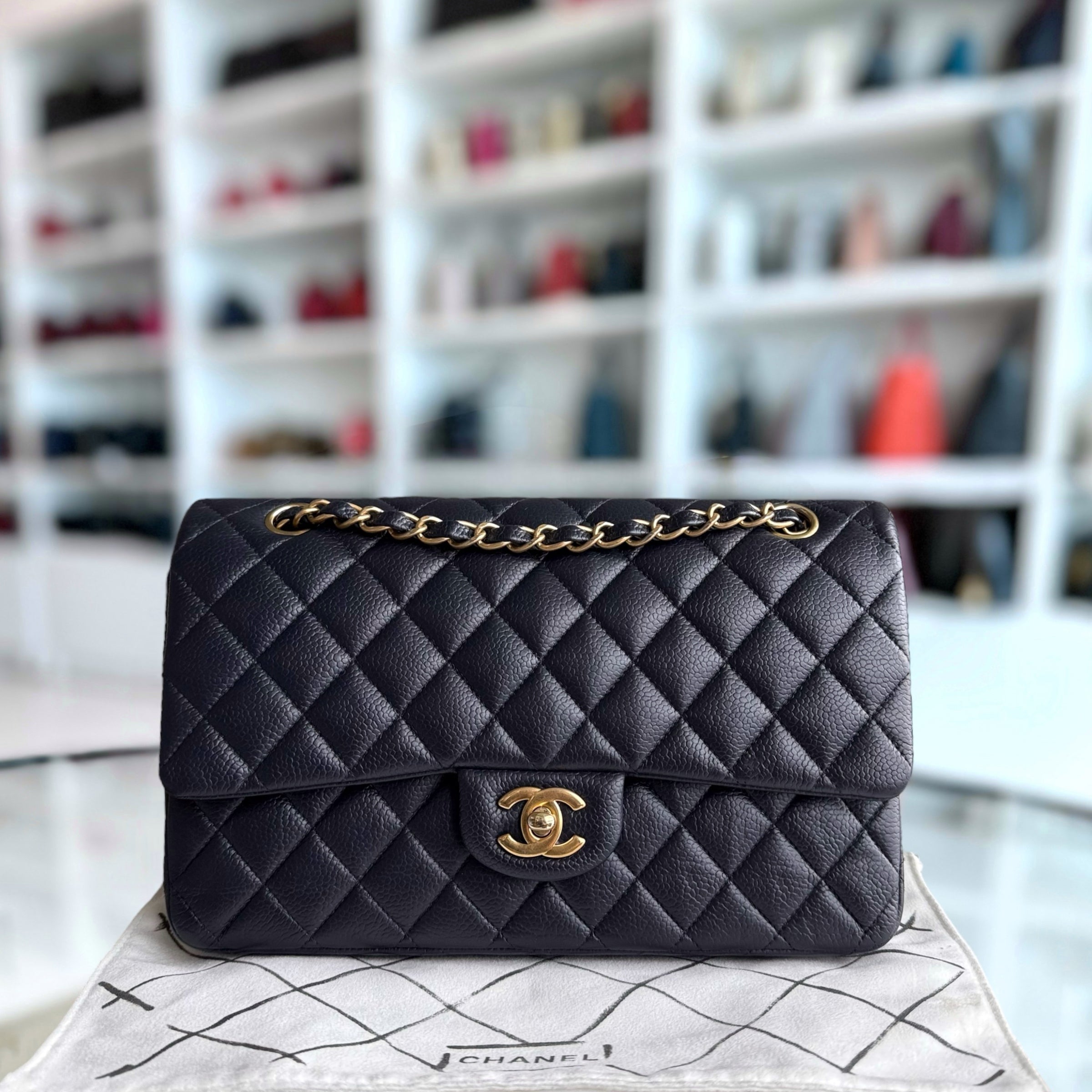 Chanel Classic Flap Medium - Caviar 25CM Quilted Dark Navy Blue Gold Hardware Series 21