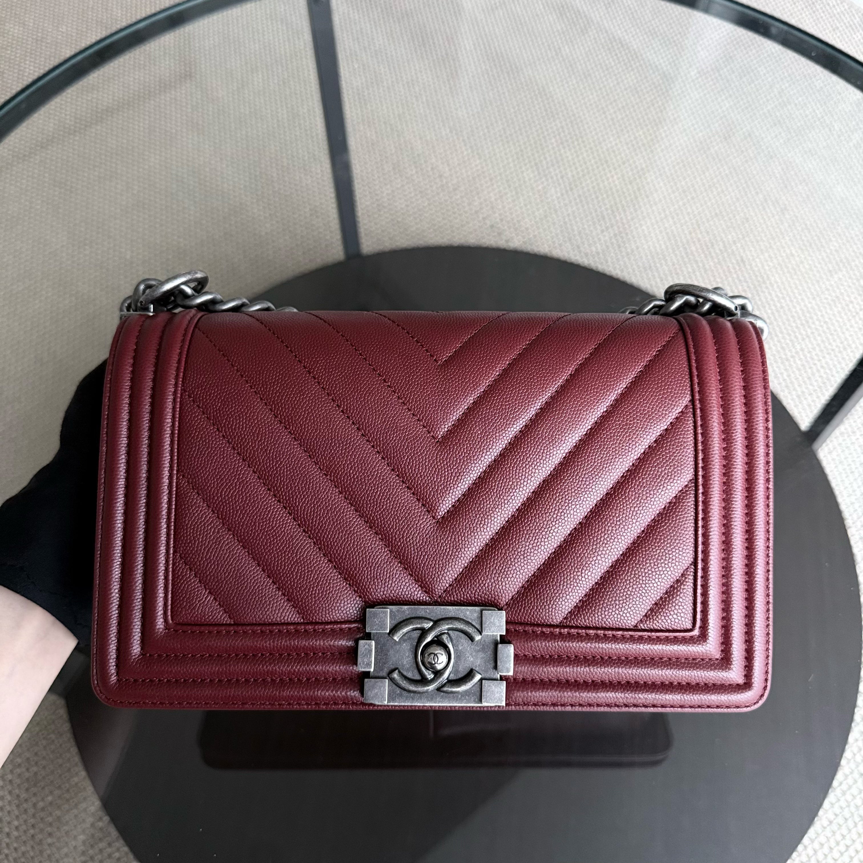 Chanel Boy Medium - Caviar 25CM Chevron Dark Red Burgundy Ruthenium Silver Hardware Series 24