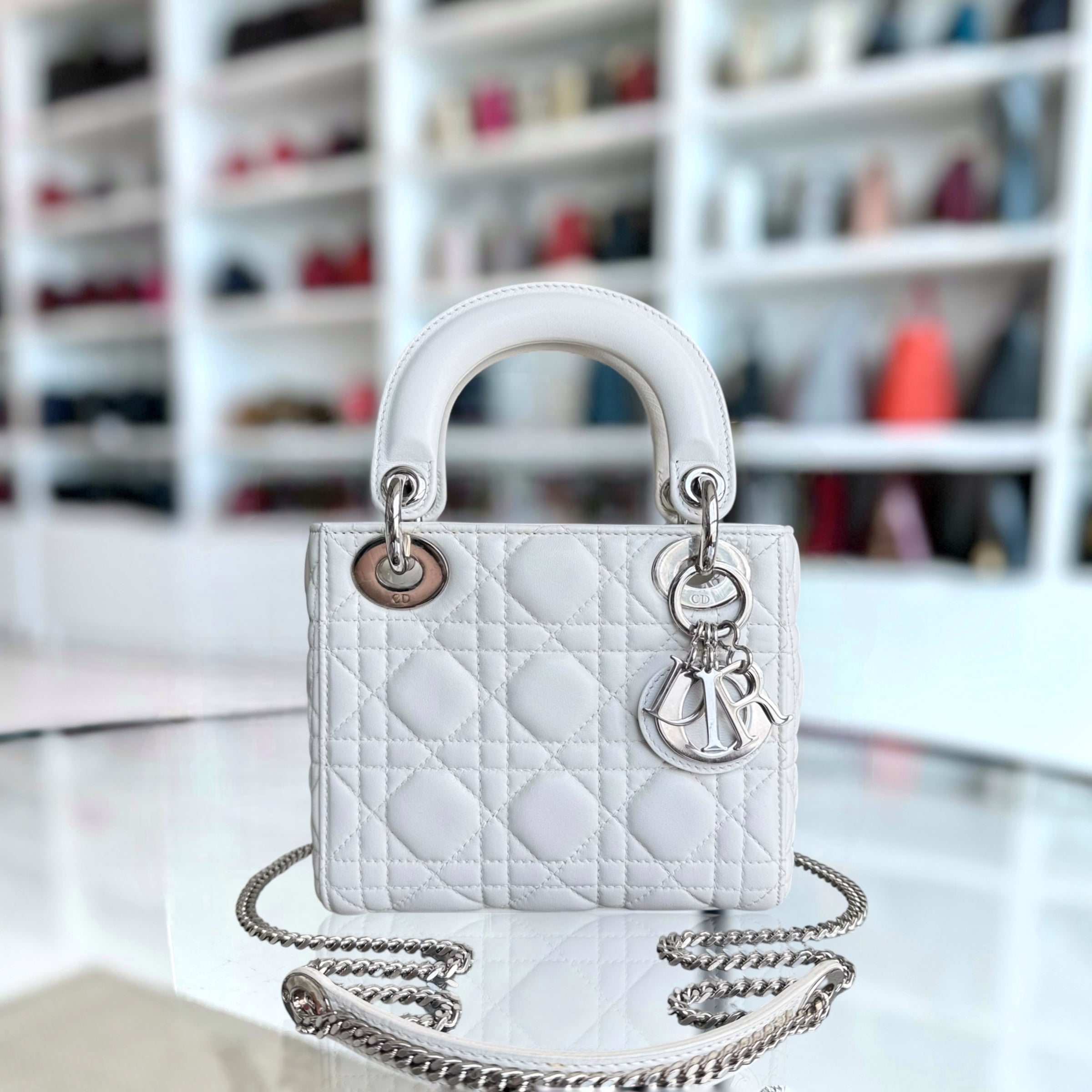 Dior Lady Mini - Cannage Lambskin White Silver Hardware Chain Strap