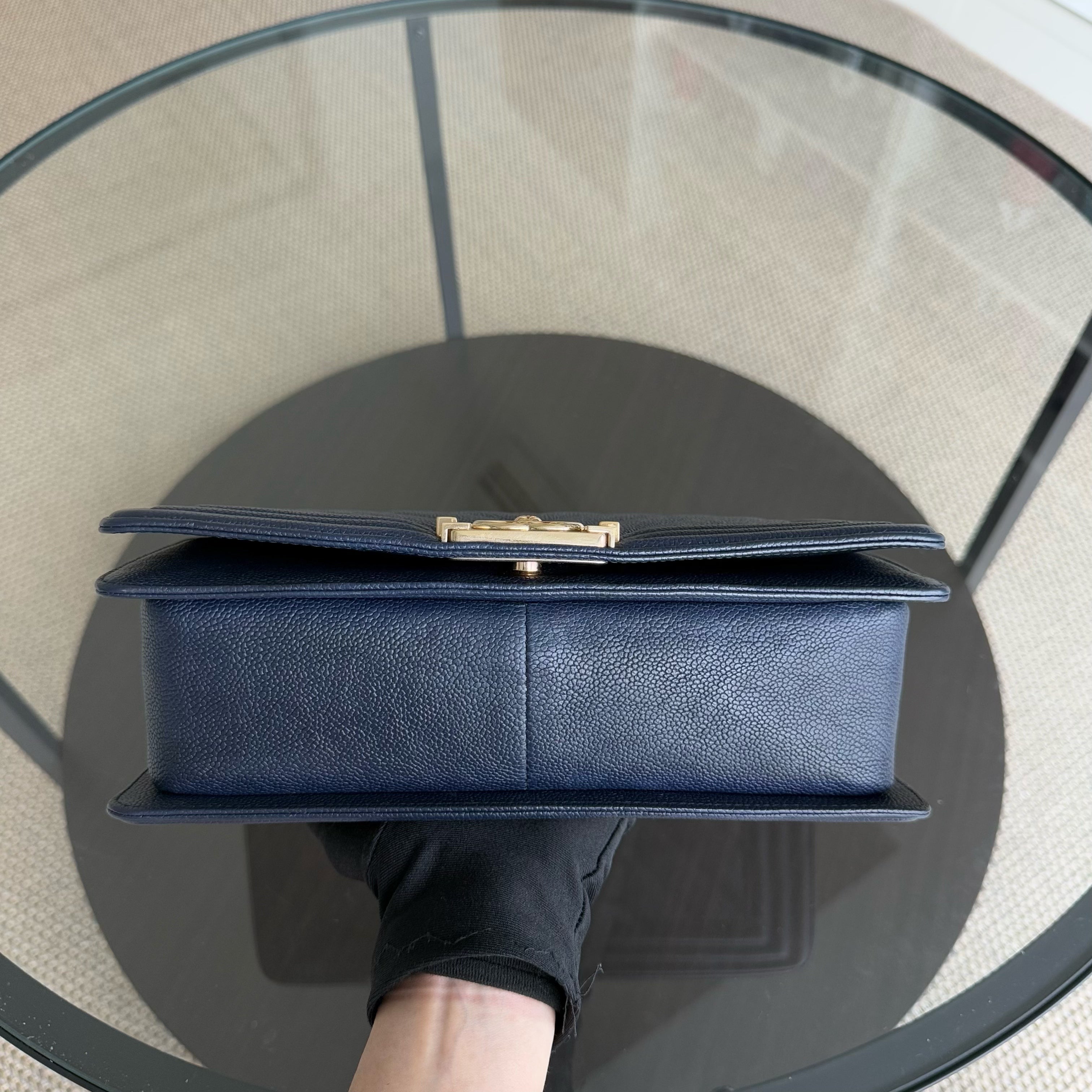 Chanel Boy Medium - Caviar 25CM Chevron Dark Navy Blue Gold Hardware Series 24